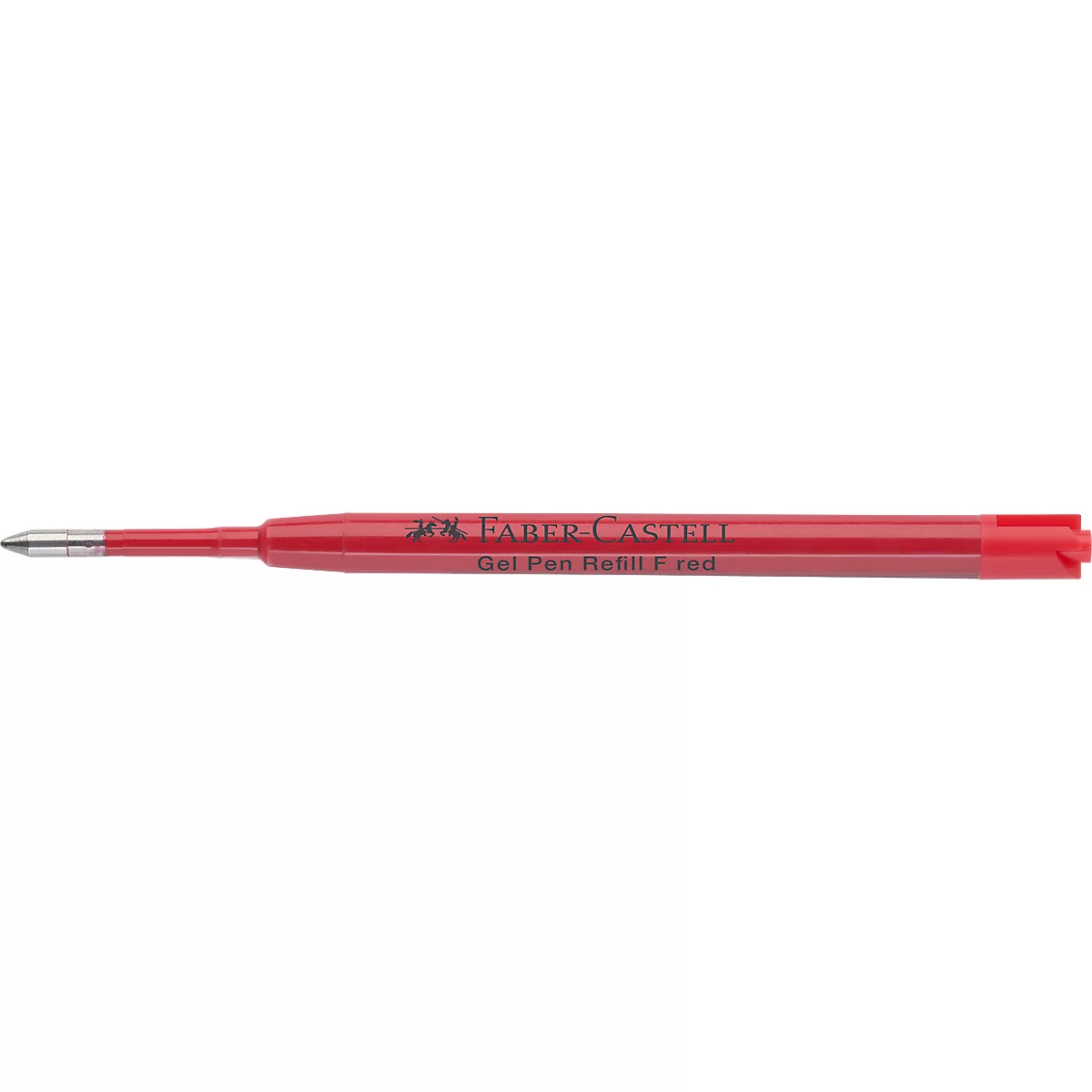 Rote Gelschreiber-Mine von Faber-Castell mit silberner Metallspitze auf weißem Hintergrund.