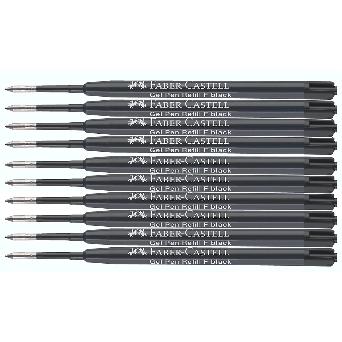 Zehn schwarze Faber-Castell Gelstift-Minen in der Strichstärke F, untereinander angeordnet.