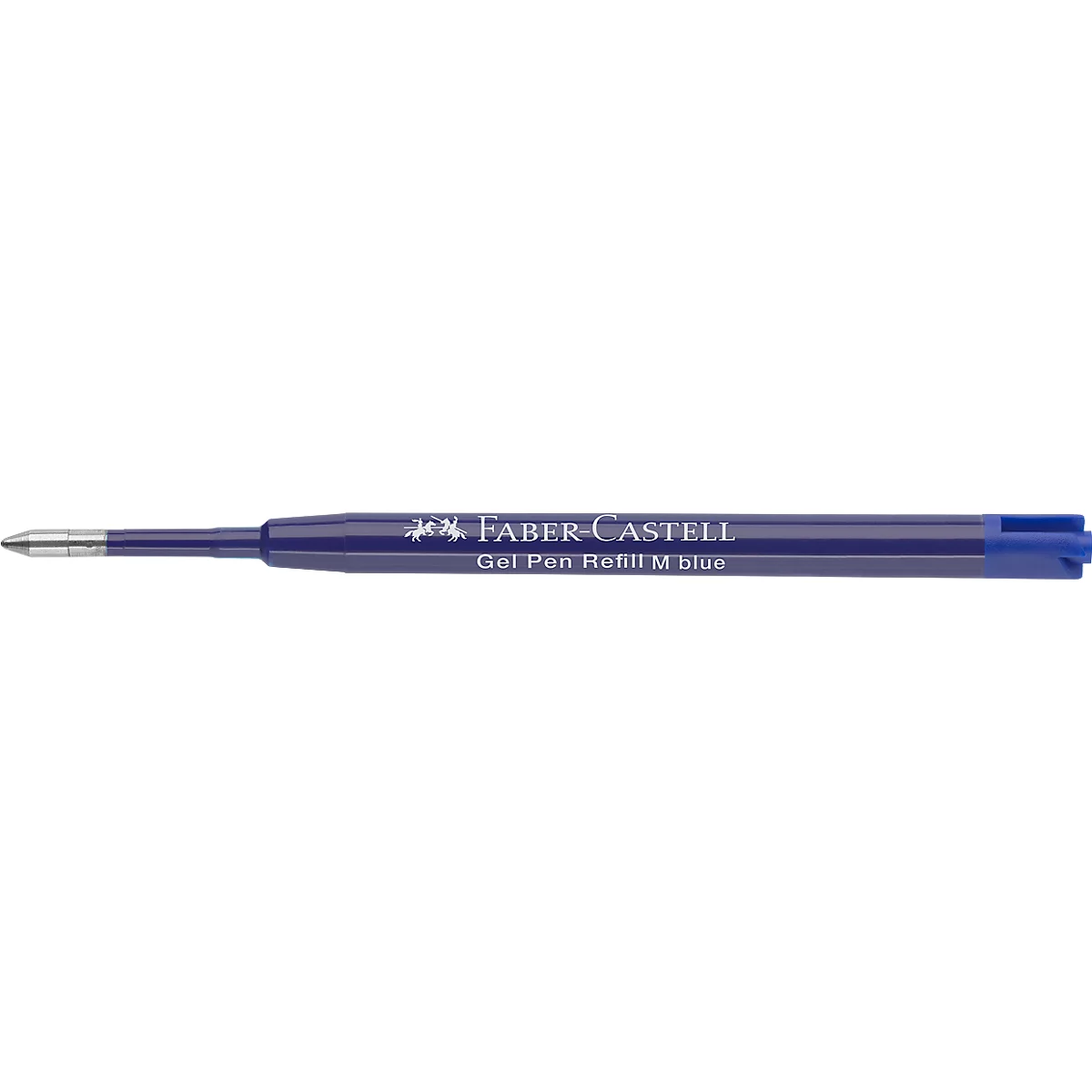 Blaue Faber-Castell Gelstift-Mine mit weißem Logo-Aufdruck auf weißem Hintergrund.