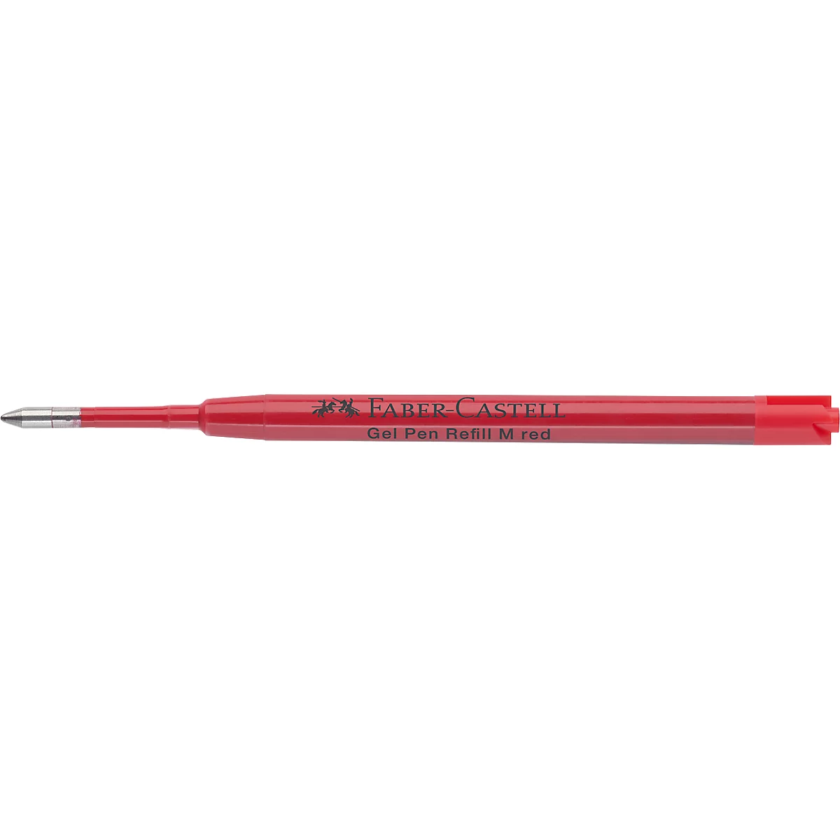 Rote Faber-Castell Gelstift-Mine mit Metallspitze vor weißem Hintergrund.