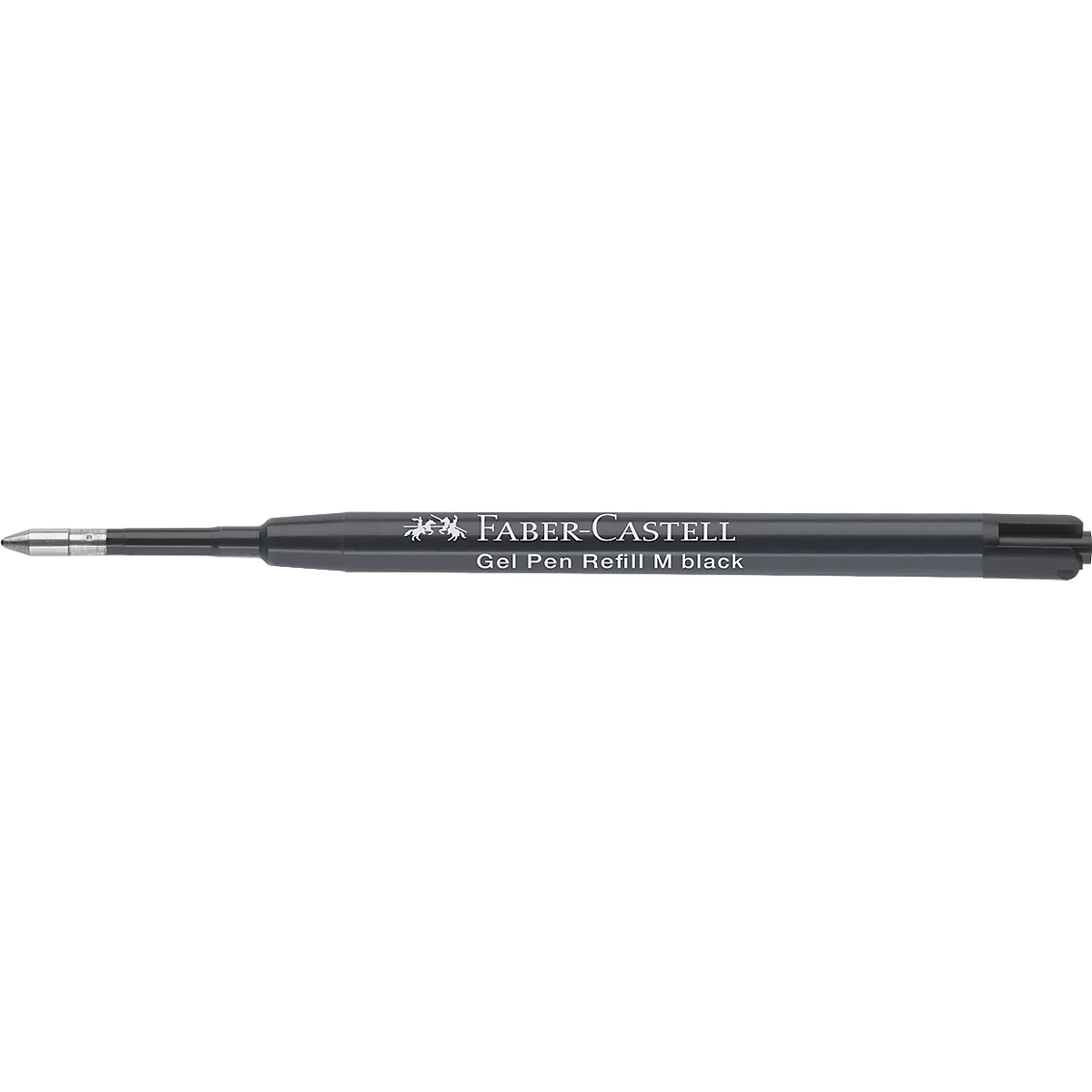 Schwarze Faber-Castell Gelstift-Mine mit metallener Spitze und weißer Beschriftung auf dem Gehäuse.
