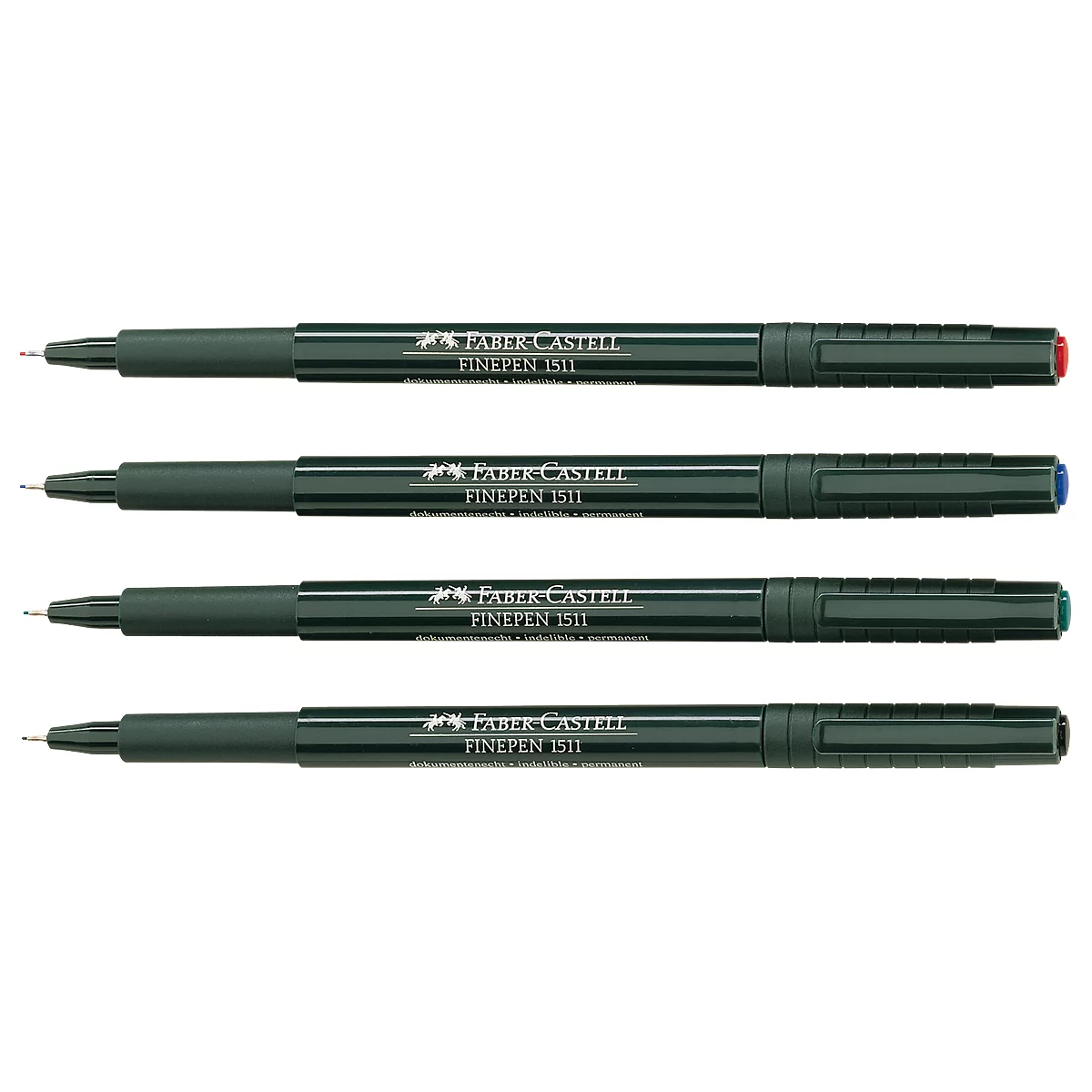 Four black Faber-Castell fine liners, with different colored caps: red, blue, green and black.