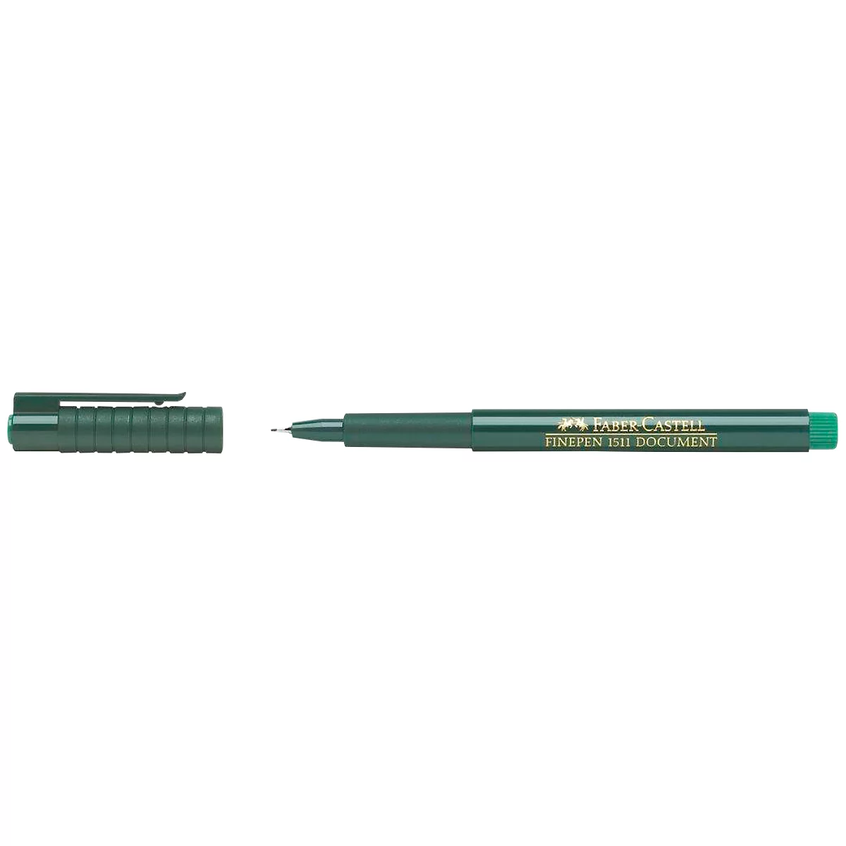 A green pen with an open cap. The pen says "FABER-CASTELL".