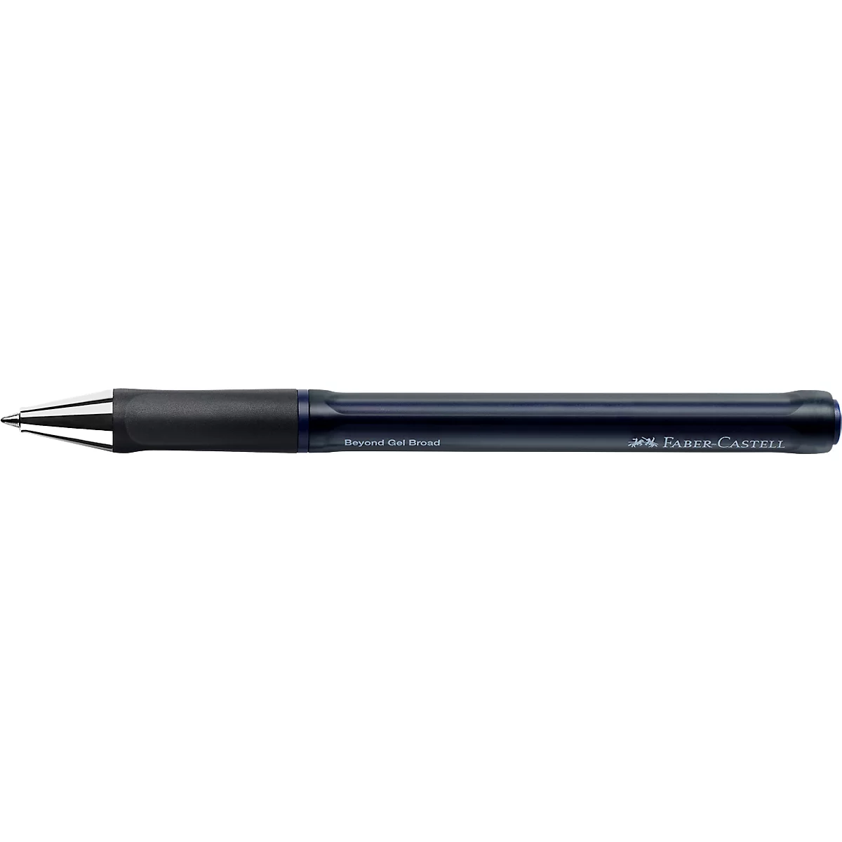 Blauer Faber-Castell Gelschreiber mit schwarzer Griffzone vor neutralem Hintergrund.