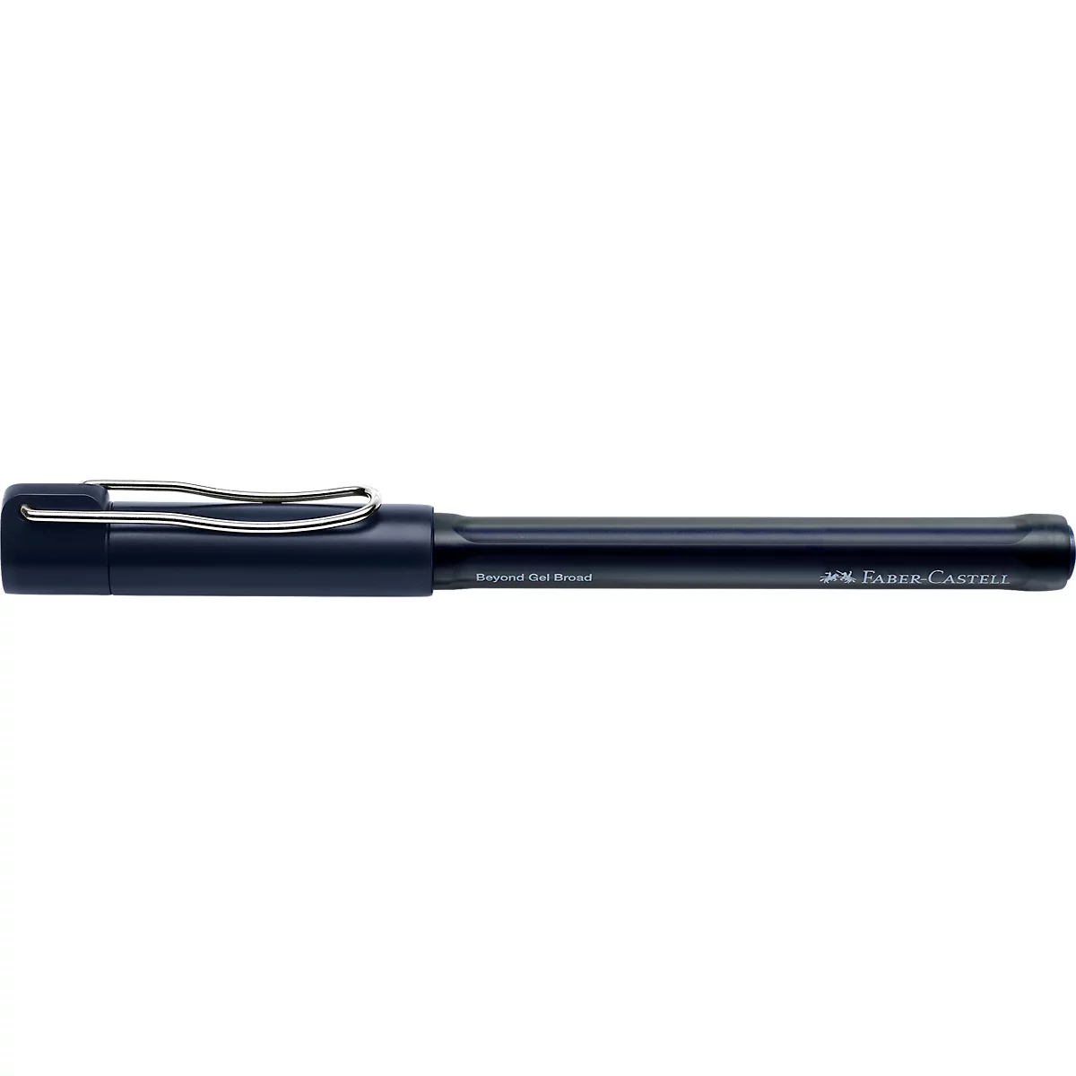 Dunkelblauer Faber-Castell Gelstift mit silbernem Metallclip vor weißem Hintergrund.