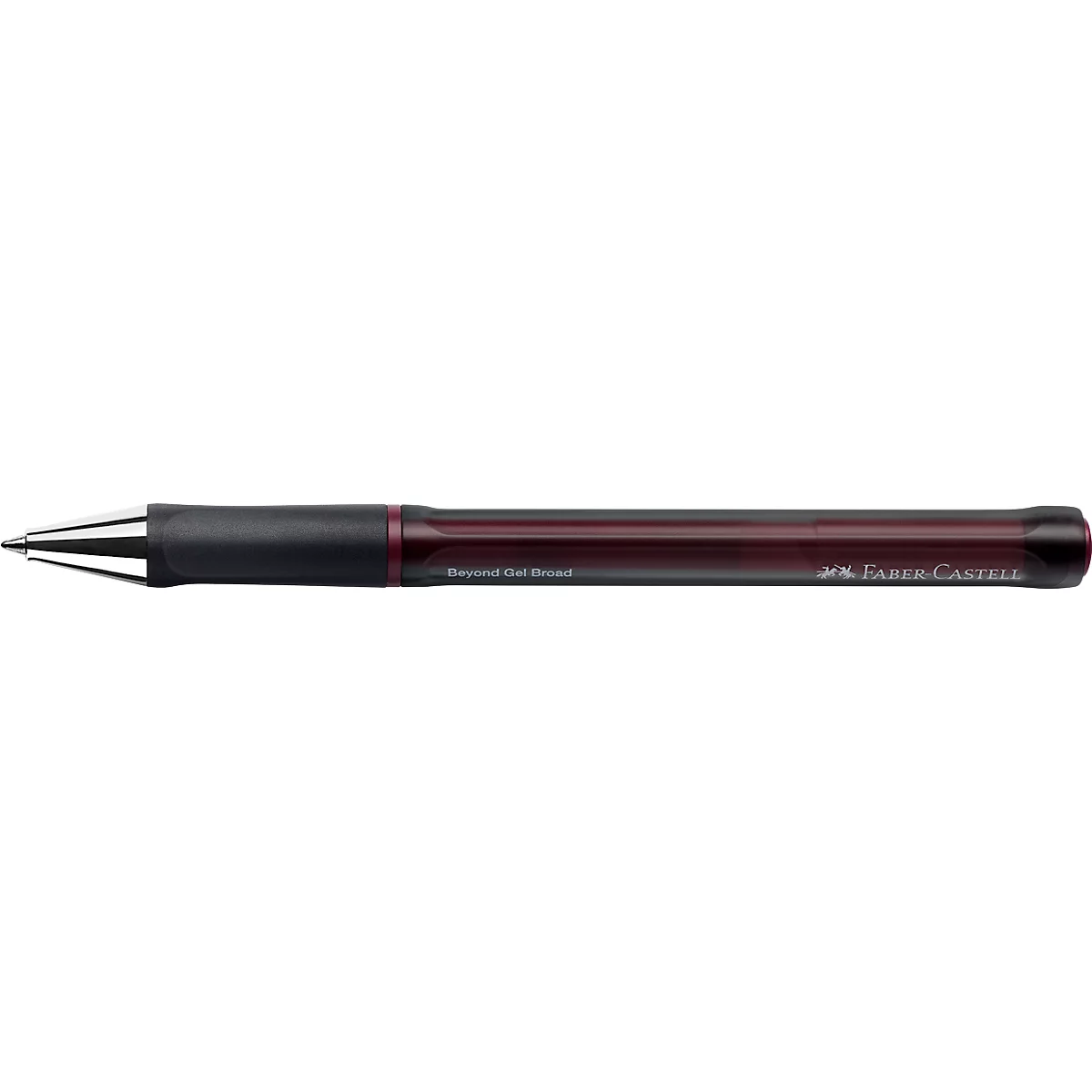 Dunkelroter Faber-Castell Gelschreiber mit schwarzer Griffzone und silberner Metallspitze vor weißem Hintergrund.