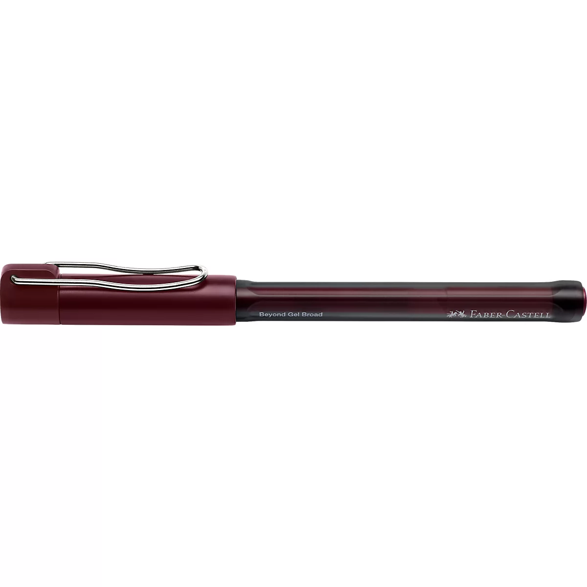 Dunkelroter Faber-Castell Stift mit silbernem Clip auf weißem Hintergrund.