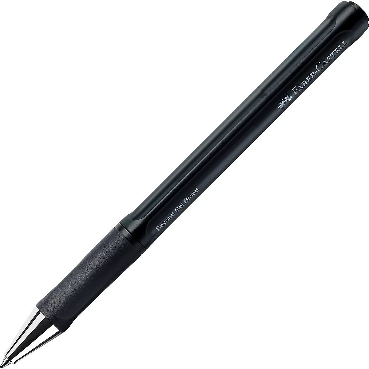 Schwarzer Faber-Castell Beyond Gel Broad Gelschreiber vor weißem Hintergrund.