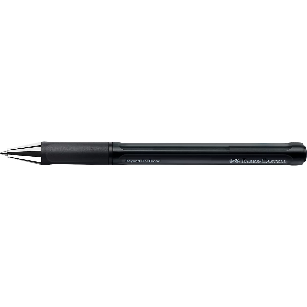 Schwarzer Faber-Castell Kugelschreiber vor weißem Hintergrund mit silberner Spitze.