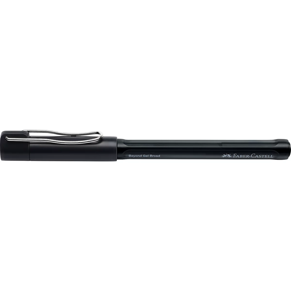 Schwarzer Faber-Castell Gelschreiber mit silbernem Clip vor neutralem Hintergrund.