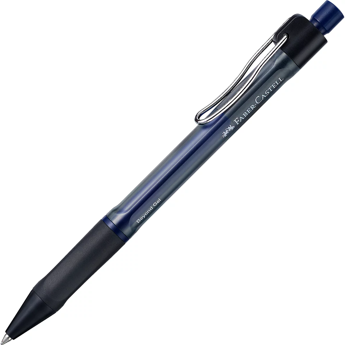 Ein dunkelblauer Faber-Castell Gelschreiber vor weißem Hintergrund mit silbernem Clip.