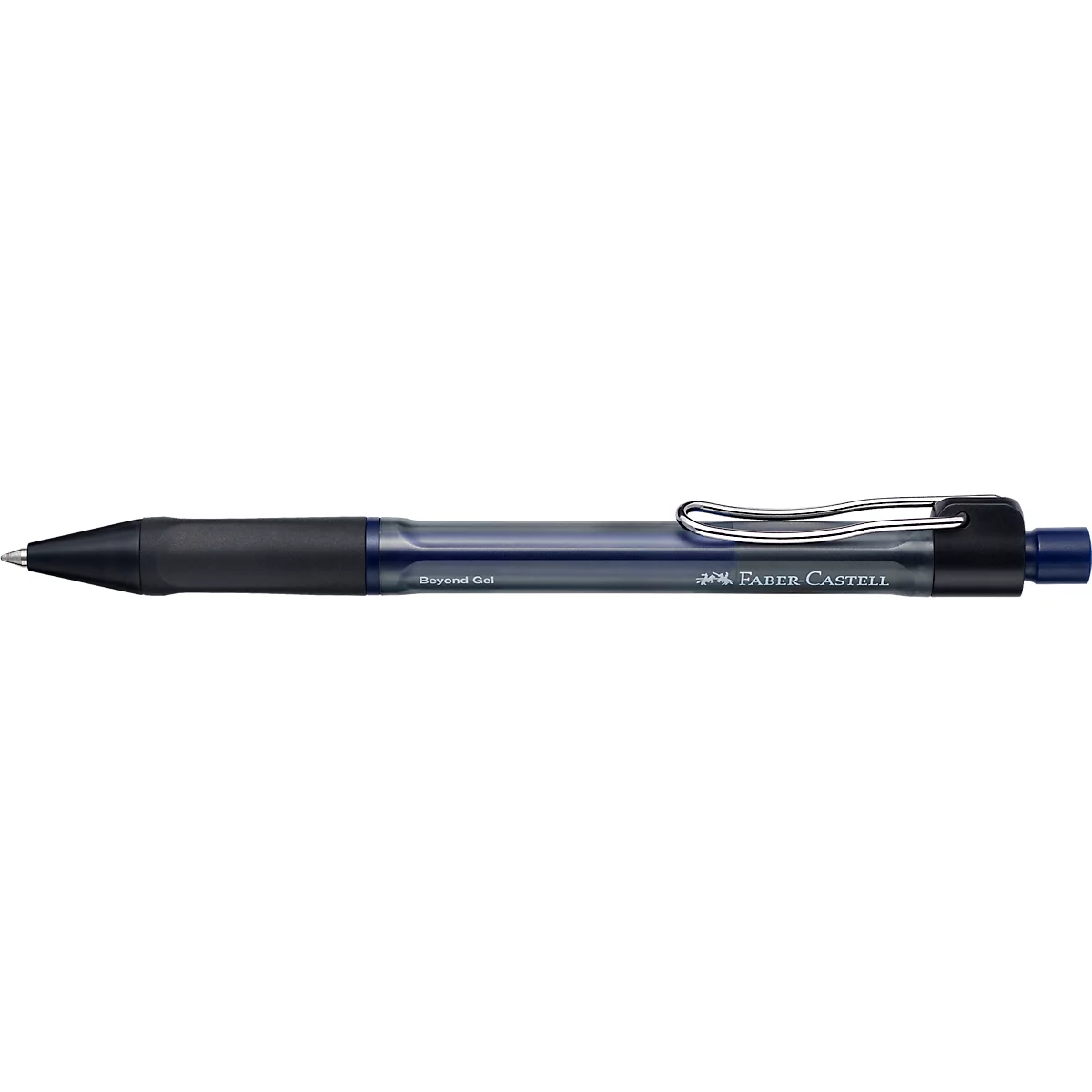 Blauer Faber-Castell Gelschreiber mit schwarzer Griffzone und silbernem Clip vor weißem Hintergrund.