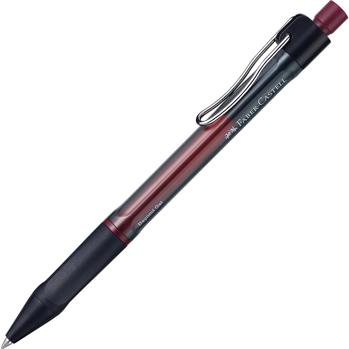 Dunkelroter Gelschreiber von Faber-Castell mit schwarzem Griff und Clip vor weißem Hintergrund.