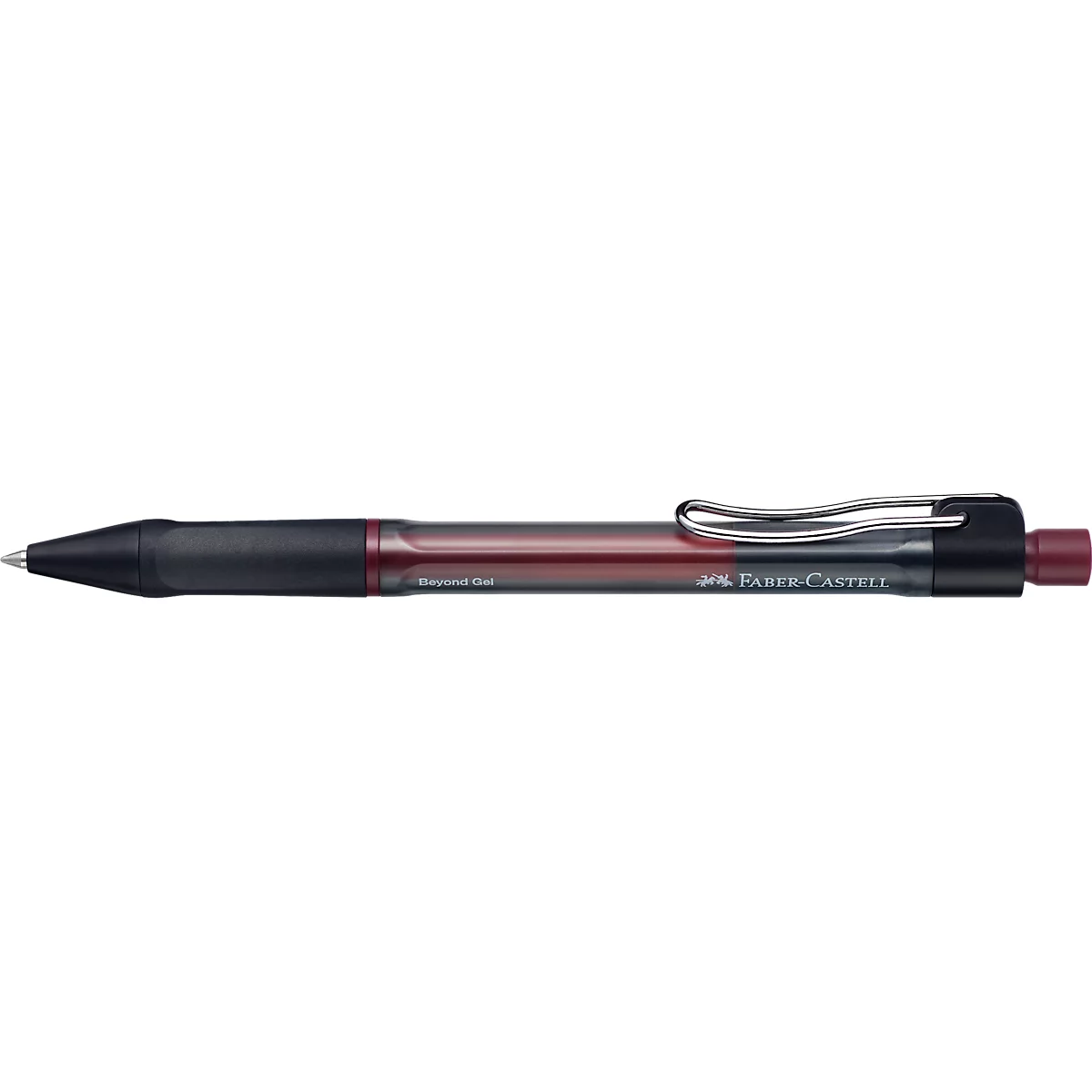 Dunkelroter Faber-Castell Druckkugelschreiber mit schwarzer Griffzone und silbernem Clip vor neutralem Hintergrund.