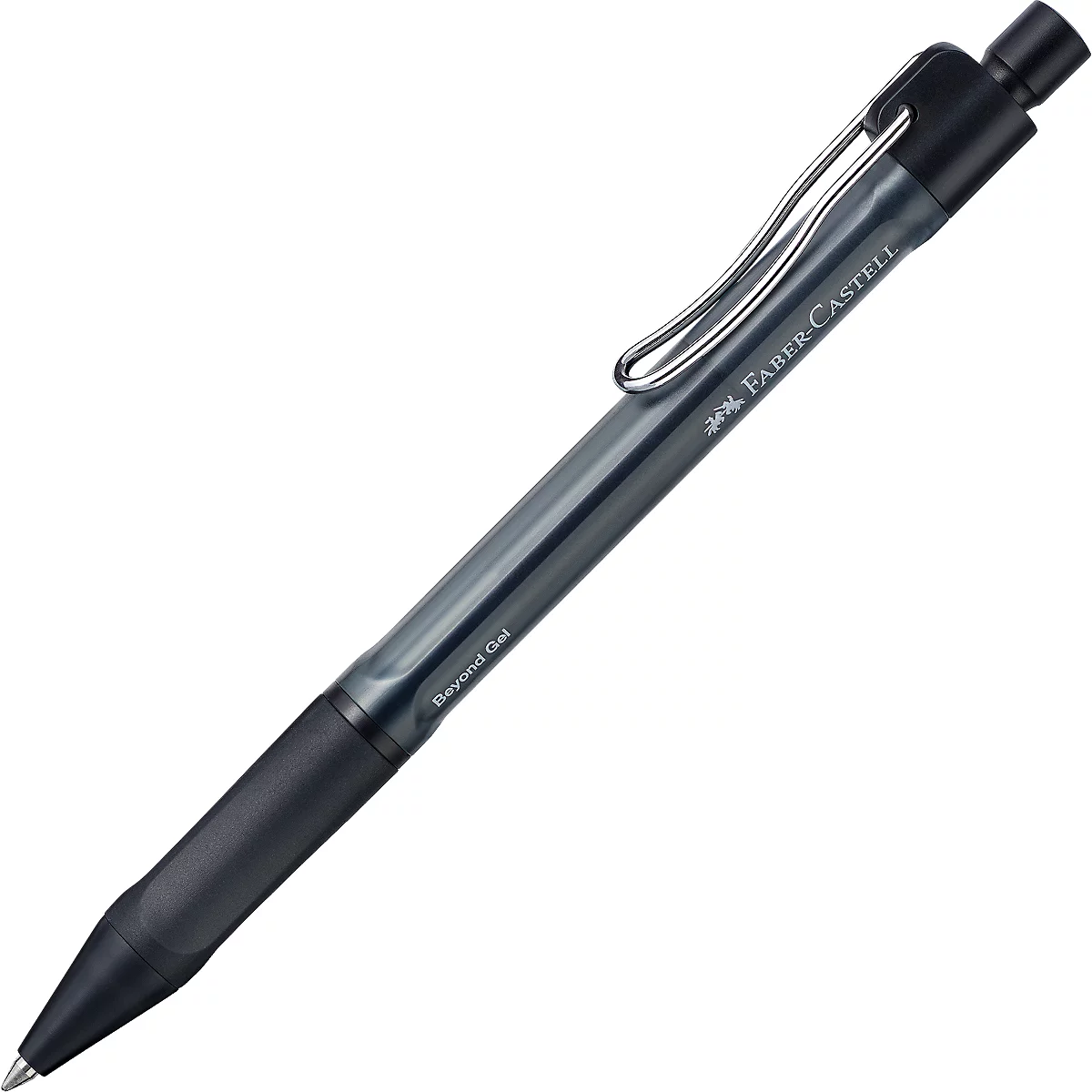Schwarzer Faber-Castell Beyond Gel Kugelschreiber vor weißem Hintergrund.
