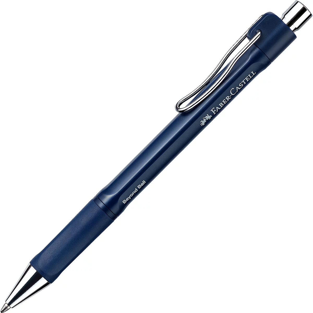 Dunkelblauer Kugelschreiber von Faber-Castell mit silbernem Clip und Spitze vor weißem Hintergrund.