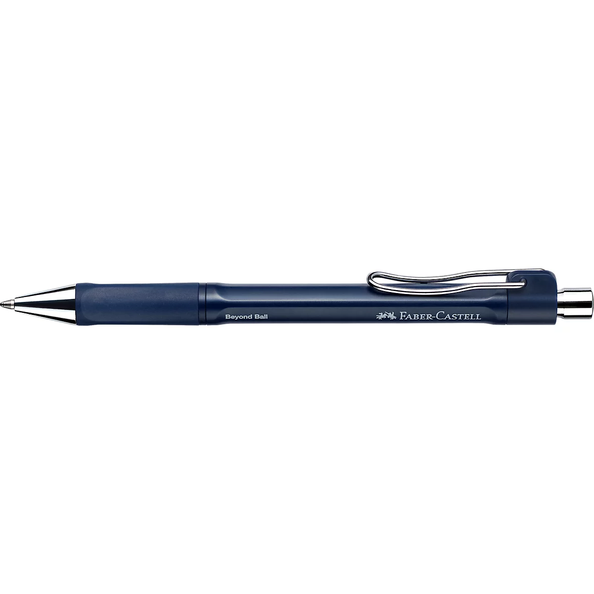 Dunkelblauer Faber-Castell Kugelschreiber mit silbernem Clip vor weißem Hintergrund.