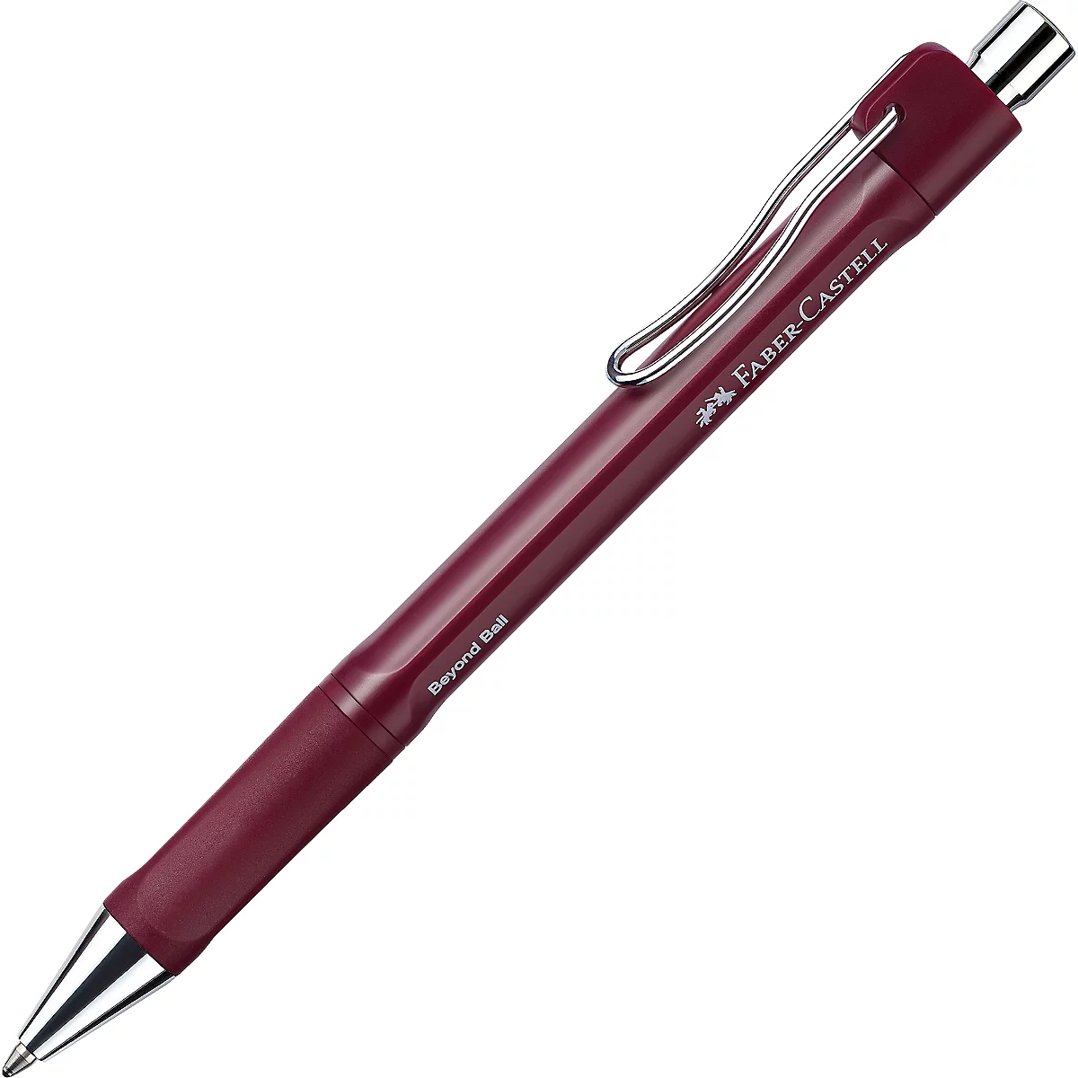 Dunkelroter Faber-Castell Kugelschreiber vor weißem Hintergrund mit silbernem Clip und Schreibspitze.