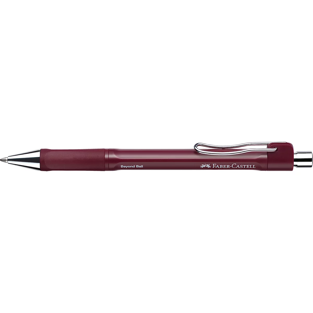 Dunkelroter Faber-Castell Kugelschreiber mit silberfarbener Spitze, Clip und Drücker vor weißem Hintergrund.