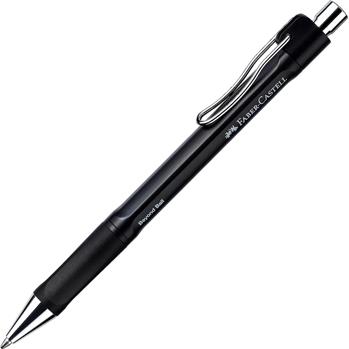 Schwarzer Faber-Castell Kugelschreiber Beyond Ball mit silbernem Clip und Drücker vor weißem Hintergrund.