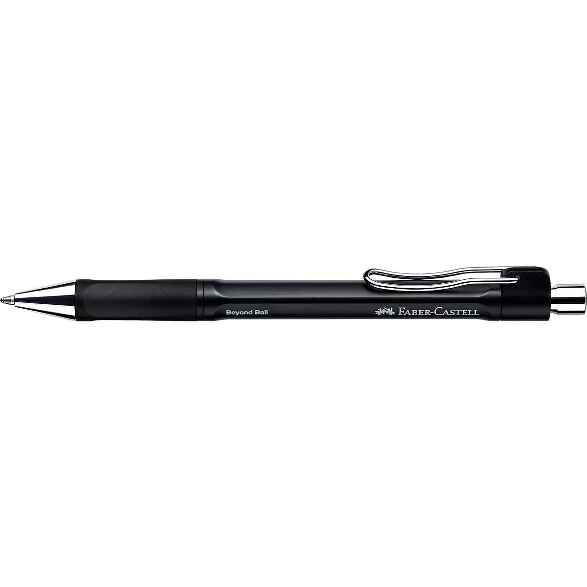 Schwarzer Faber-Castell Kugelschreiber mit silbernem Clip vor neutralem Hintergrund.