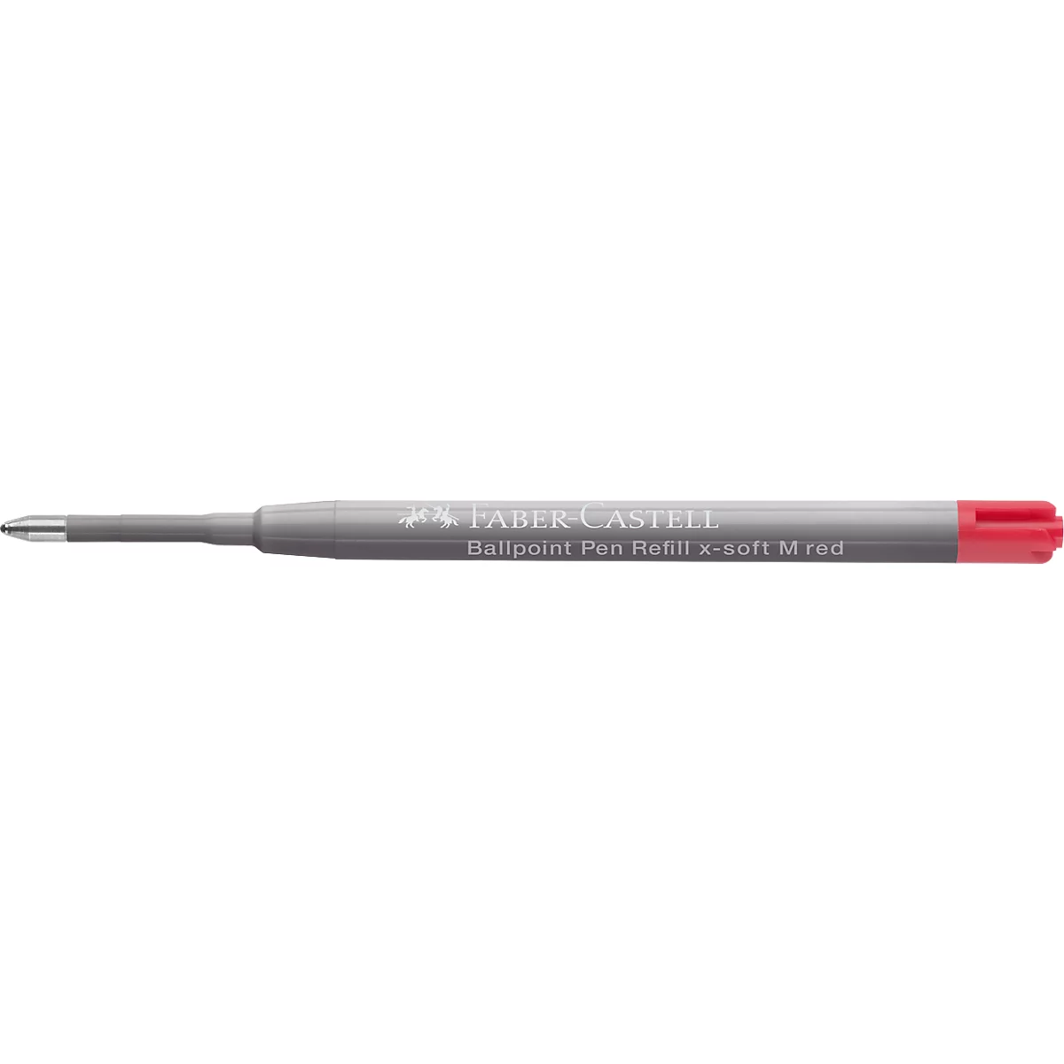 Graue Faber-Castell Kugelschreibermine mit roter Kappe und rotem Ende sowie weißem Logo-Aufdruck.