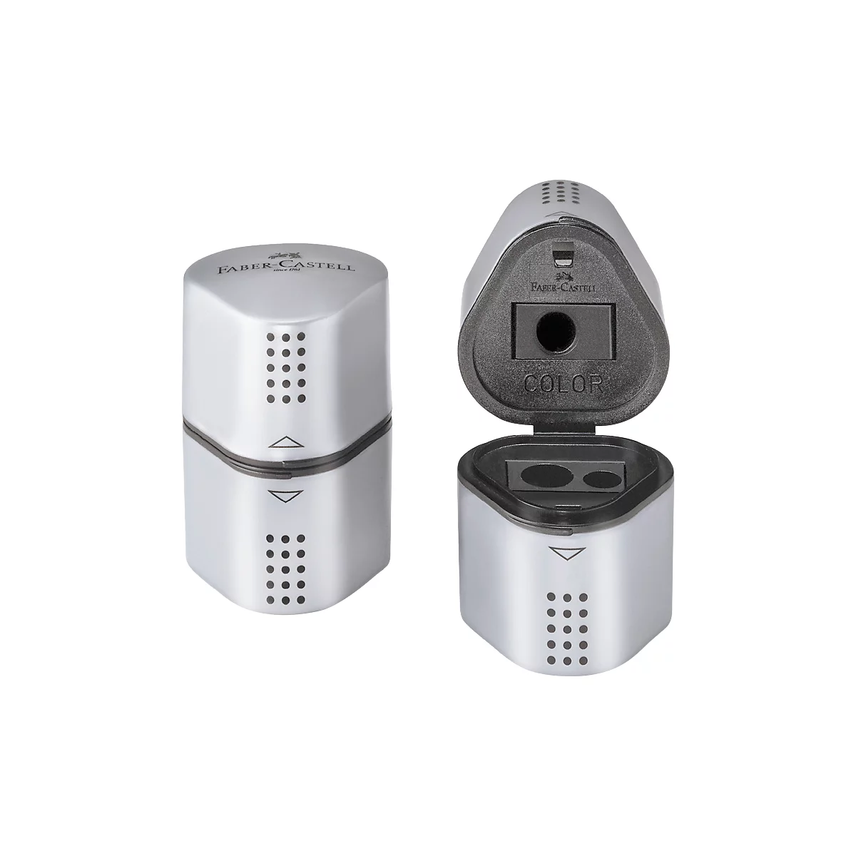 Silver Faber-Castell pencil sharpener with open compartment. Inscription: Faber-Castell, Color.