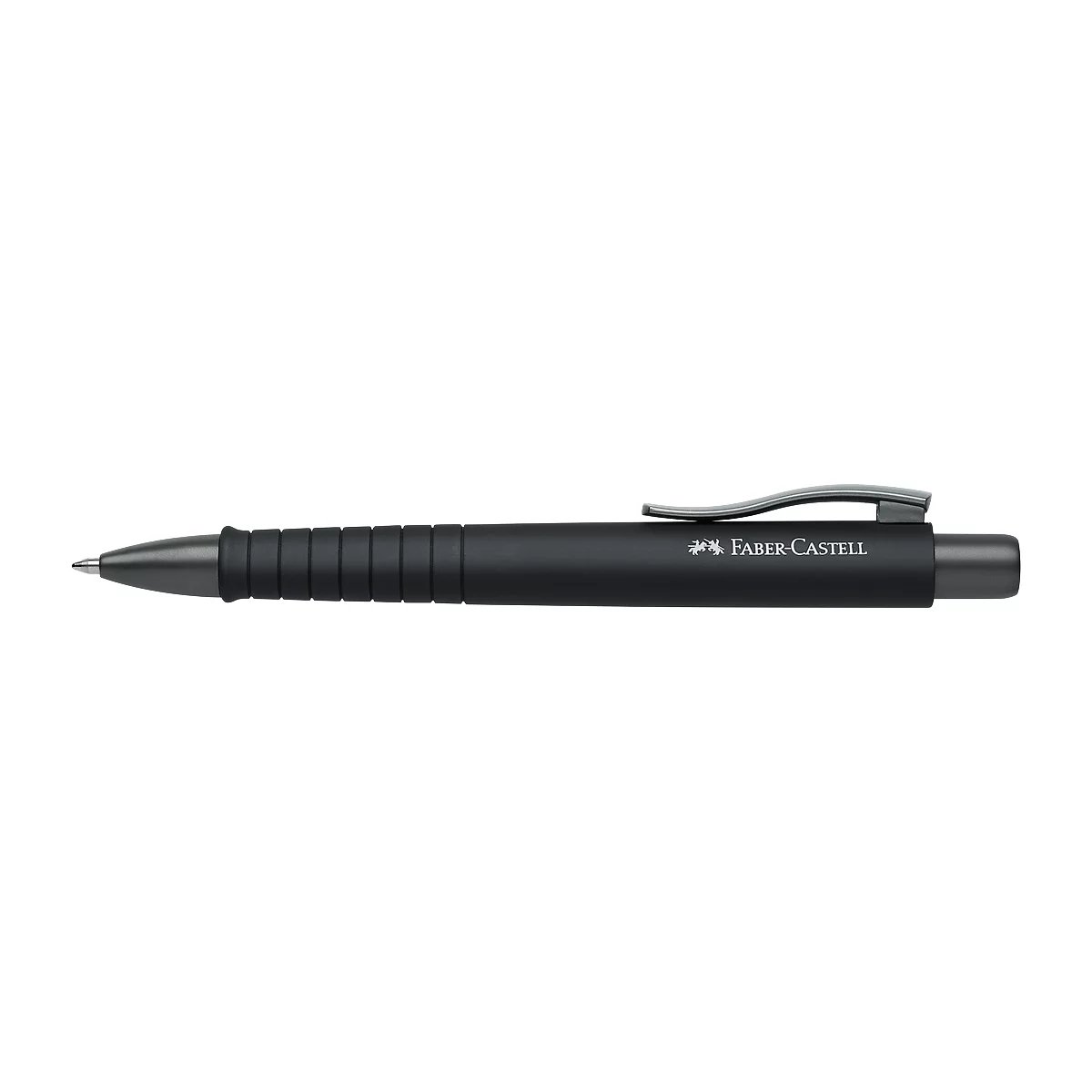 Black Faber-Castell ballpoint pen with clip. "Faber Castell" is written on it.