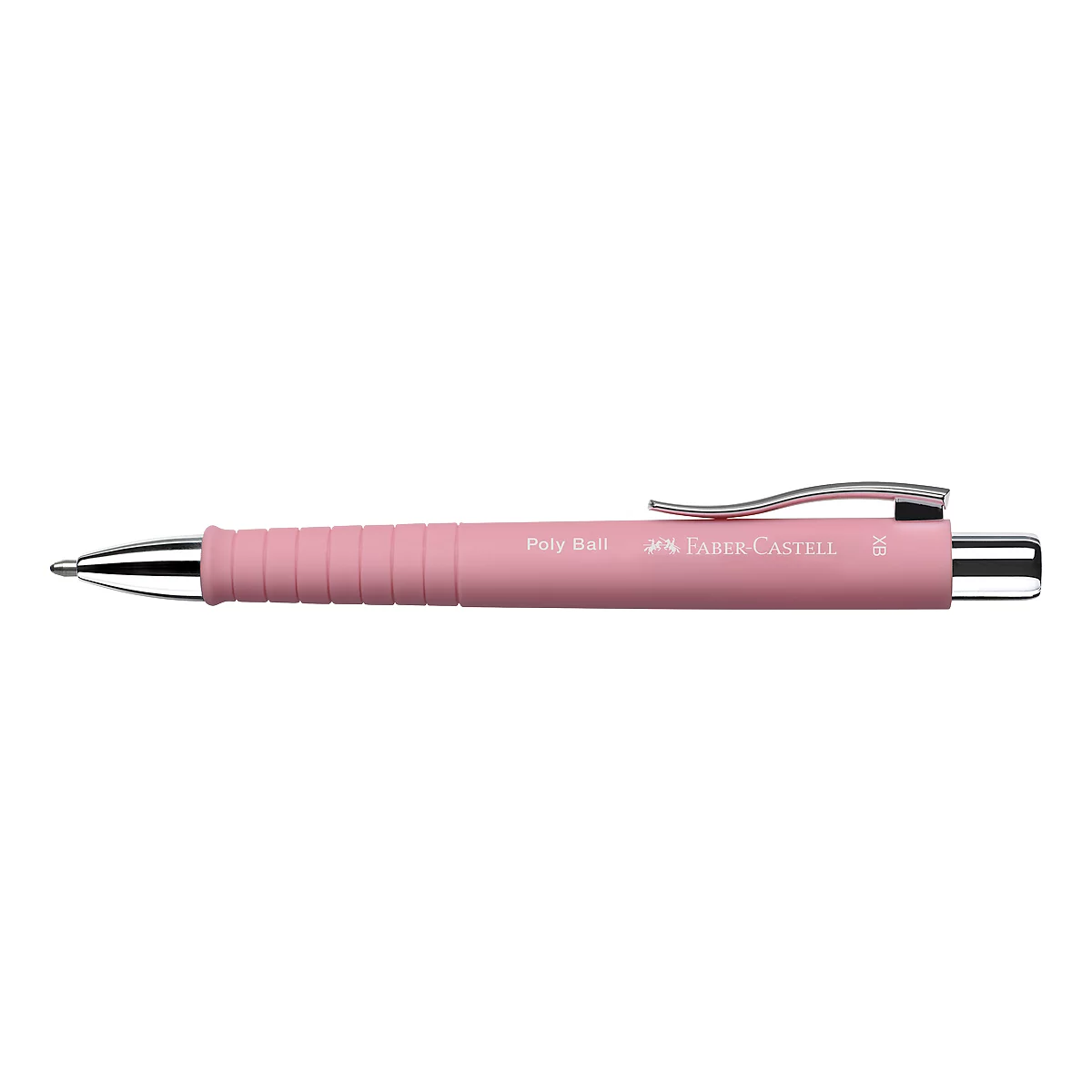 Light pink ballpoint pen, silver tip and clip, inscribed Poly Ball and Faber-Castell.