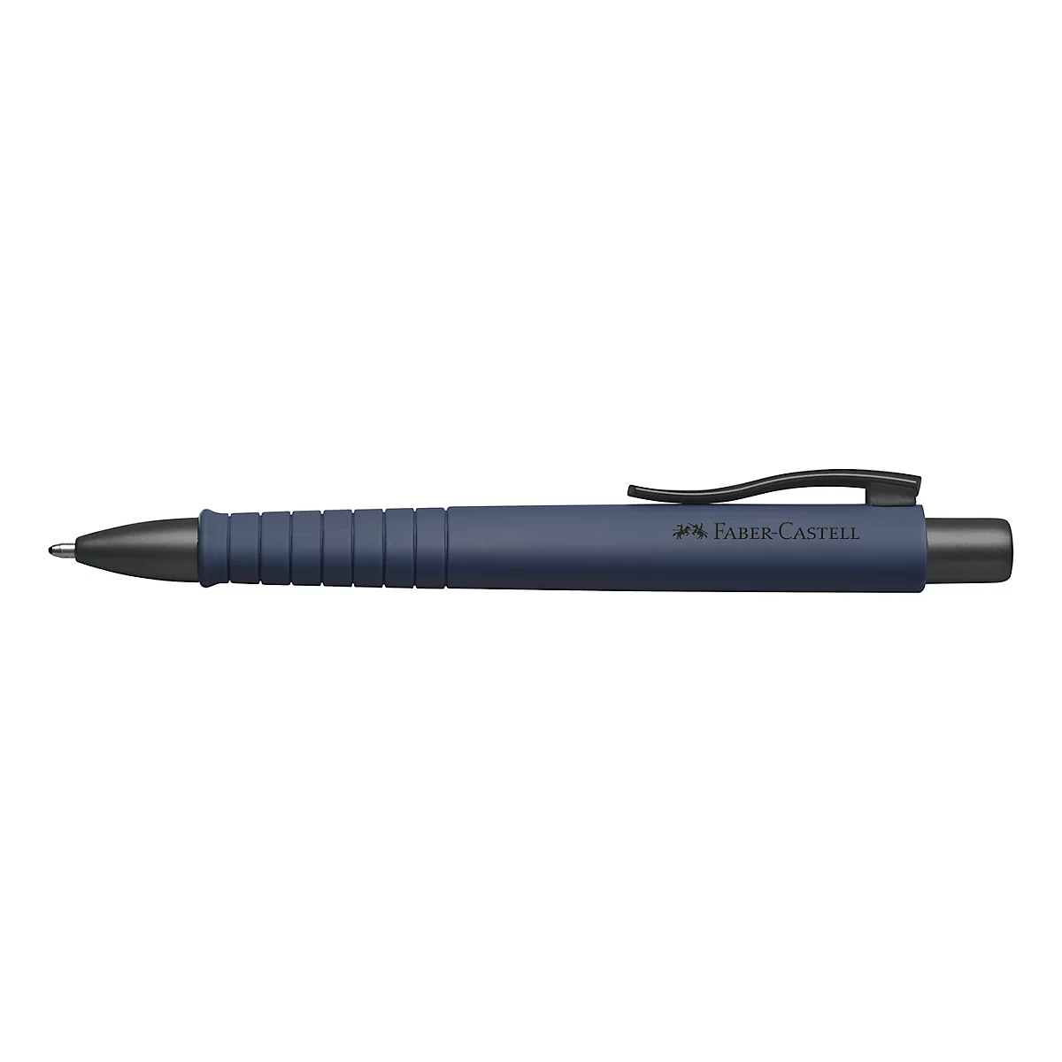 Blue ballpoint pen with black grip and clip, Faber Castell brand.