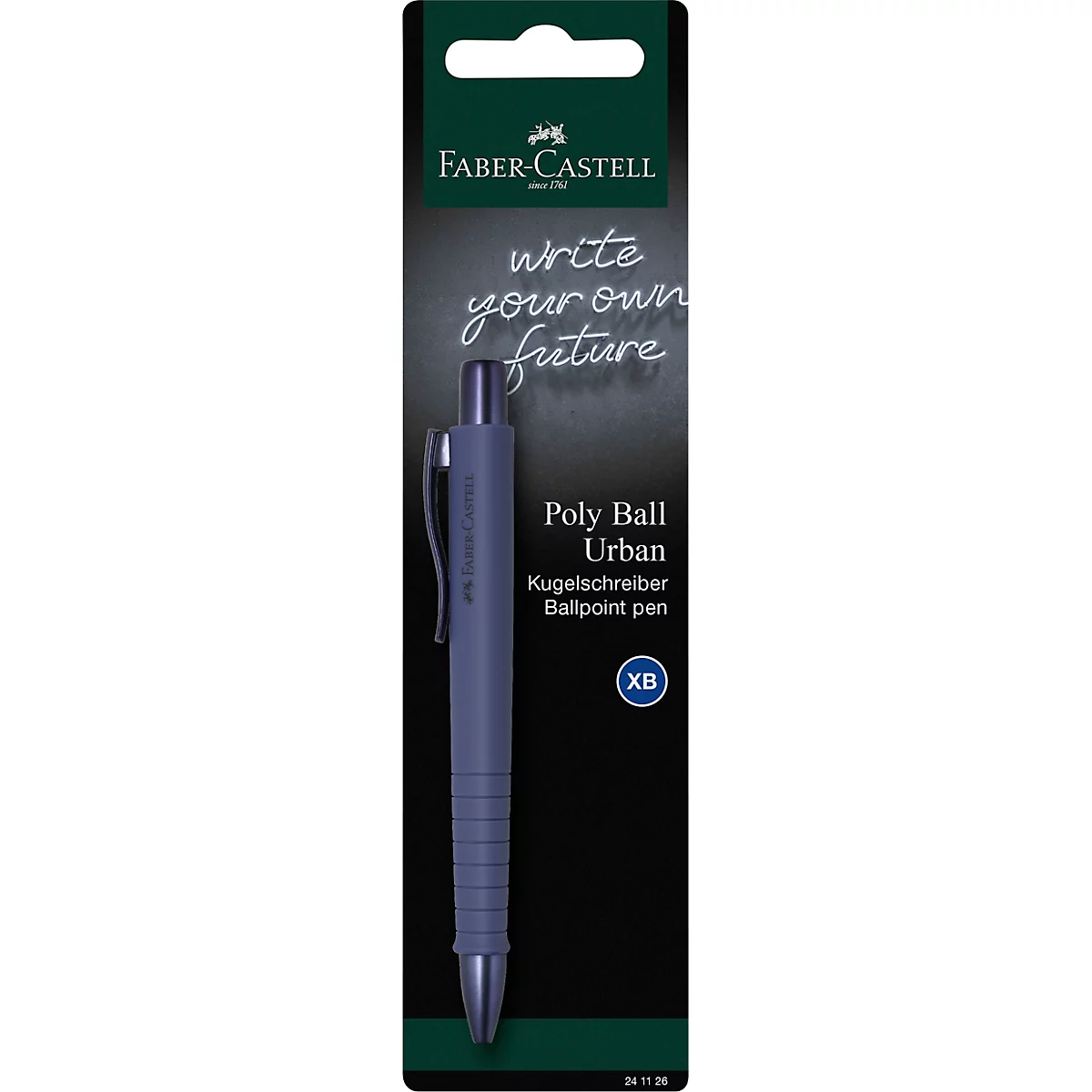 Blue-black ballpoint pen "Poly Ball Urban" from Faber-Castell, packaged on a black background.