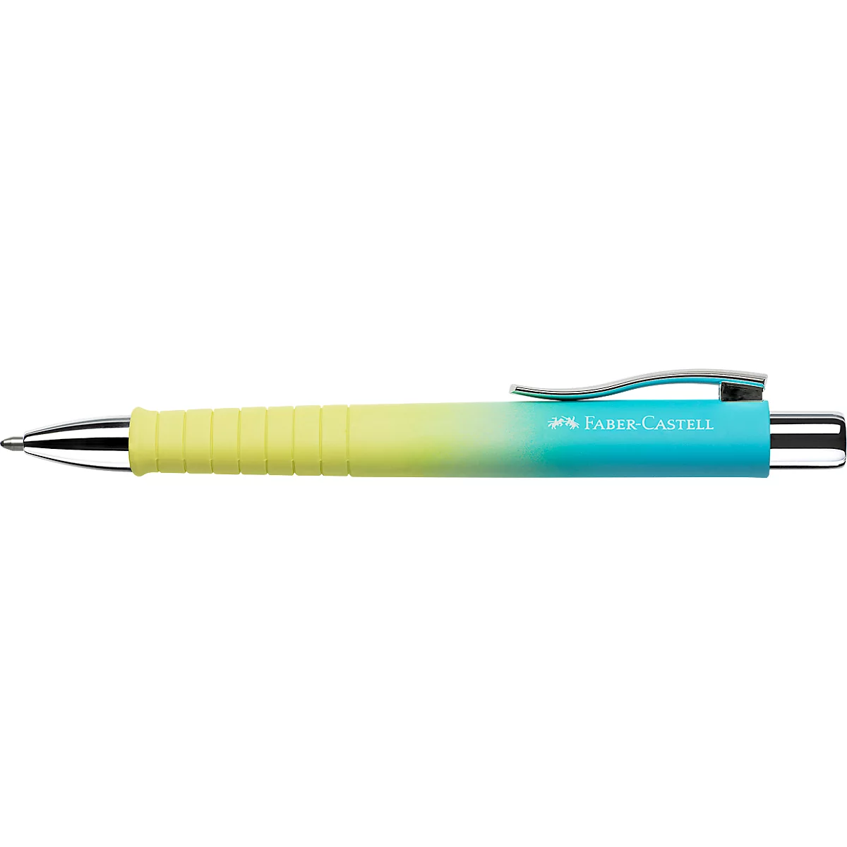Yellow and turquoise gradient pen. Silver clip and tip; Faber-Castell brand.