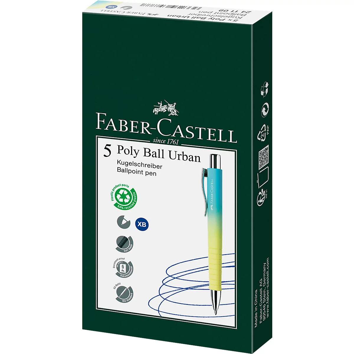A green Faber-Castell box with a ballpoint pen. The pen is blue and yellow, next to it is the writing Poly Ball Urban.