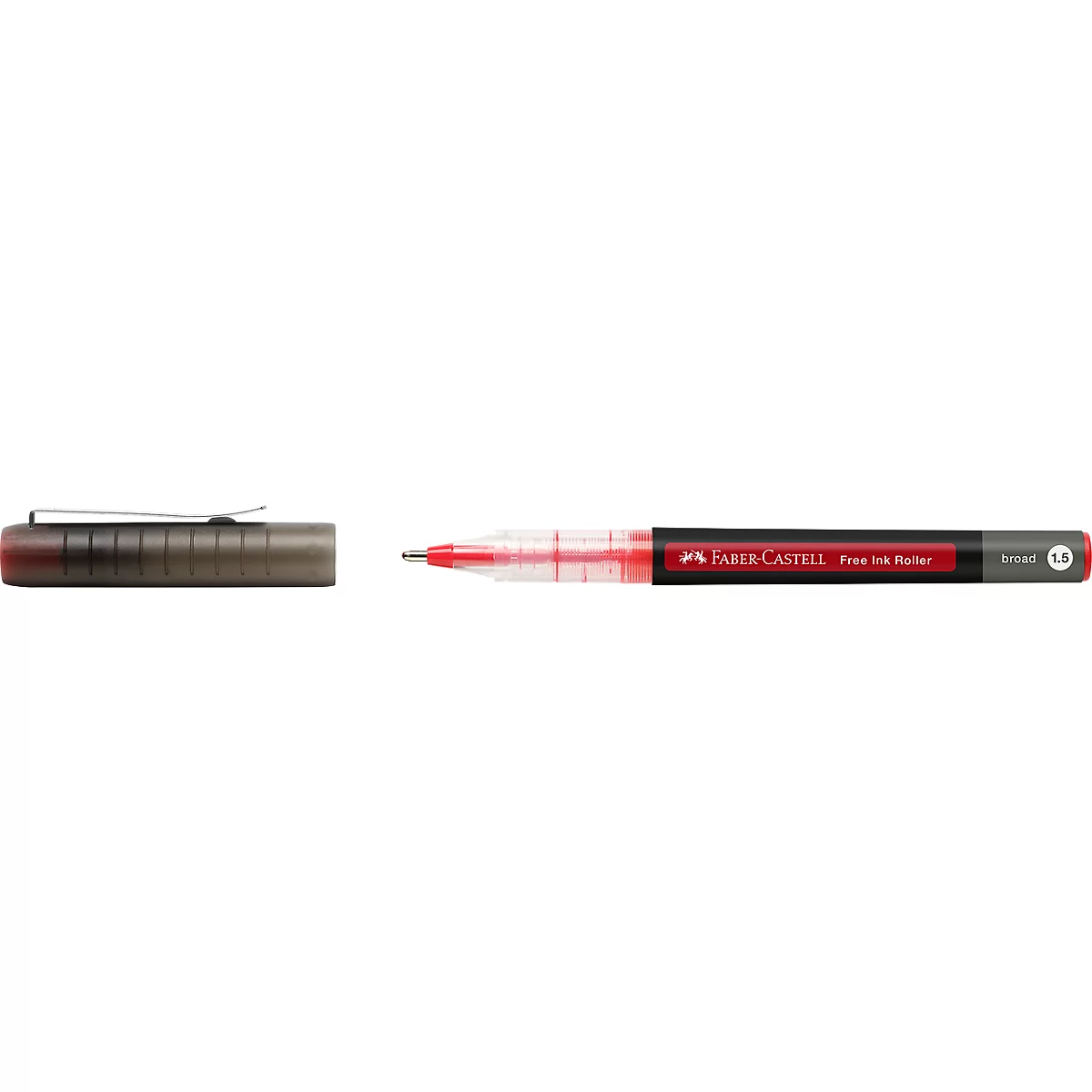 Een rode Faber-Castell pen, met rode inkt en een clip.