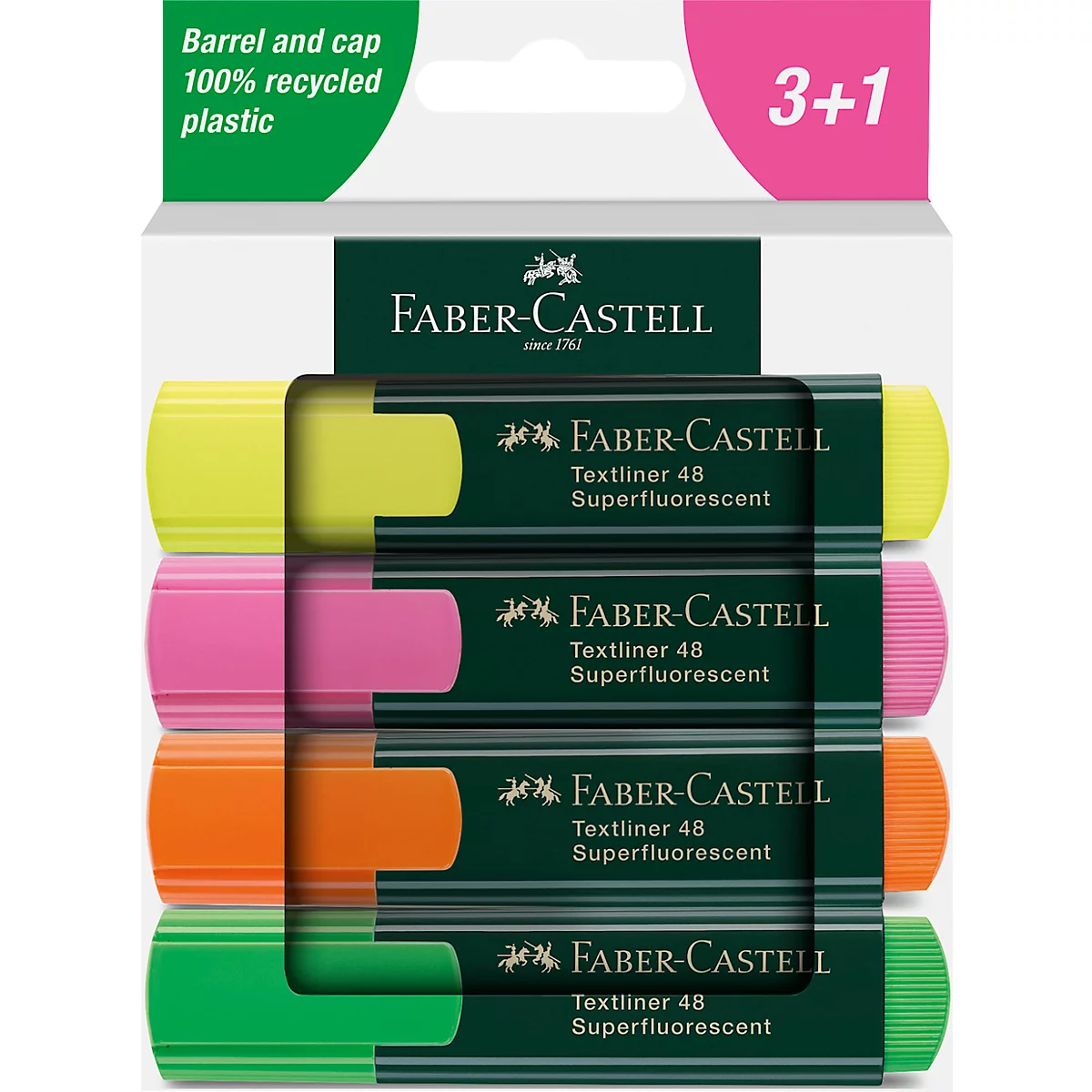 A set of four Faber-Castell textliners in yellow, pink, orange, and green. Packaged in a blister pack.