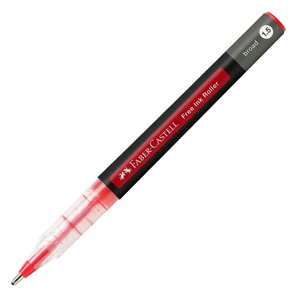 Roter Faber-Castell Fineliner auf weißem Hintergrund. Schwarzer Schaft mit roter Tinte und Aufschrift.