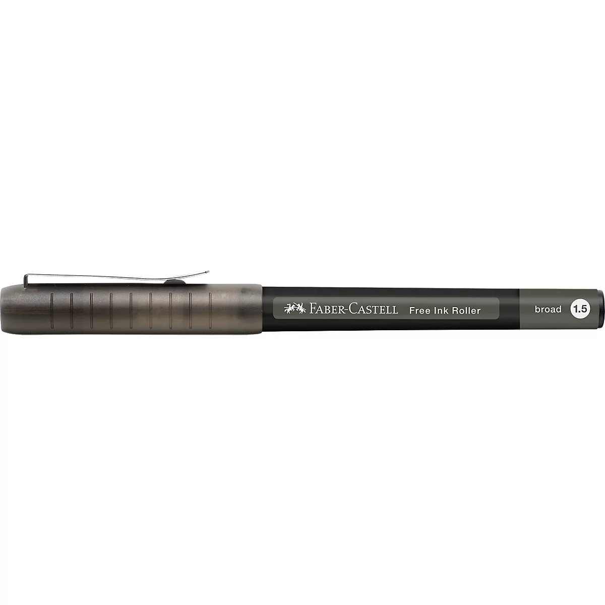 Schwarzer Faber-Castell Fineliner, mit silbernem Clip. Aufschrift: Faber-Castell Free Ink Roller, Broad 1.5.