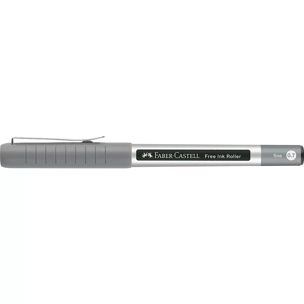 Grauer Faber-Castell Fineliner mit Kappe und Clip. Auf dem Stift steht "Free Ink Roller" und "0,7".
