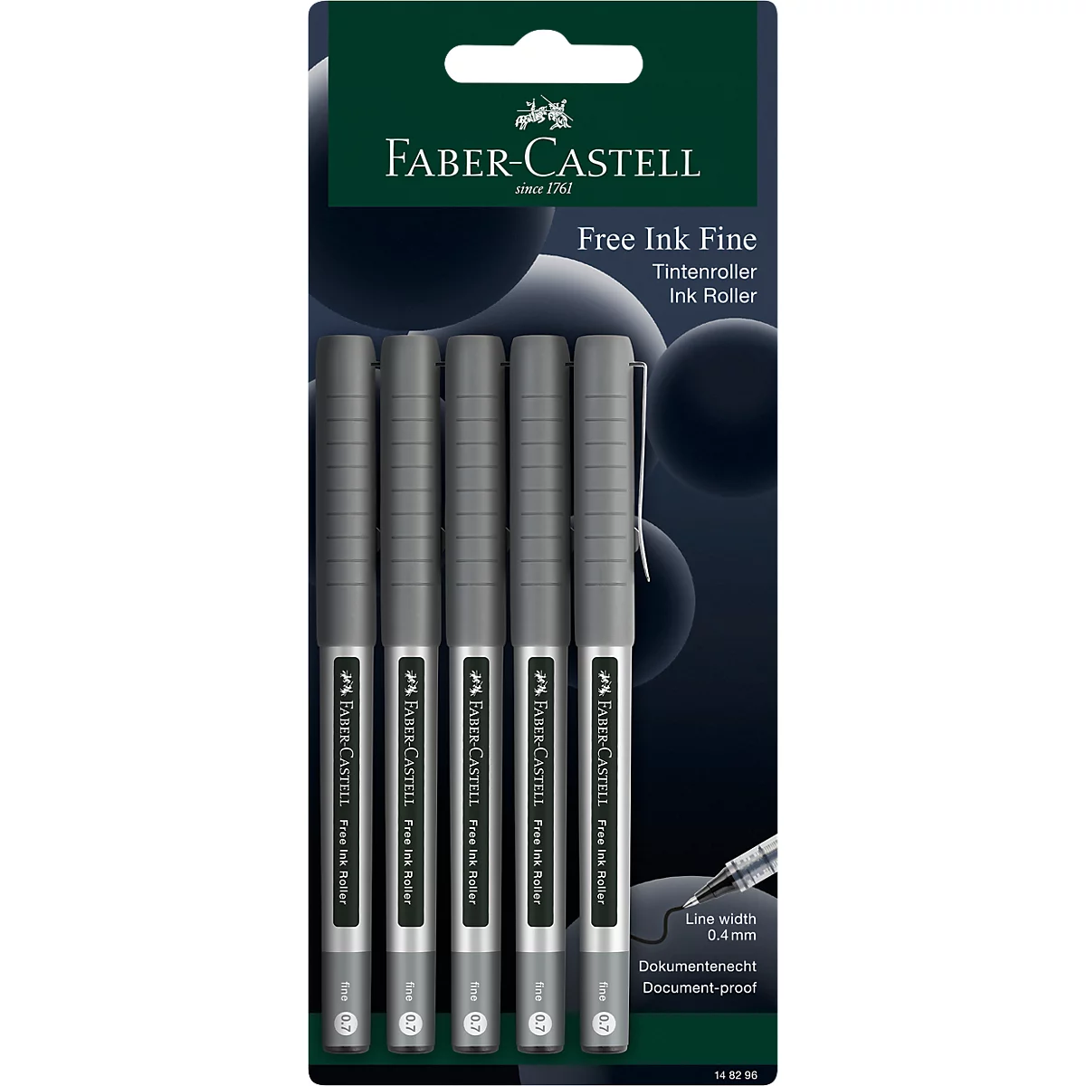 Packung mit fünf grauen Faber-Castell Tintenrollern Free Ink Fine auf einer dunkelblauen Blisterkarte.