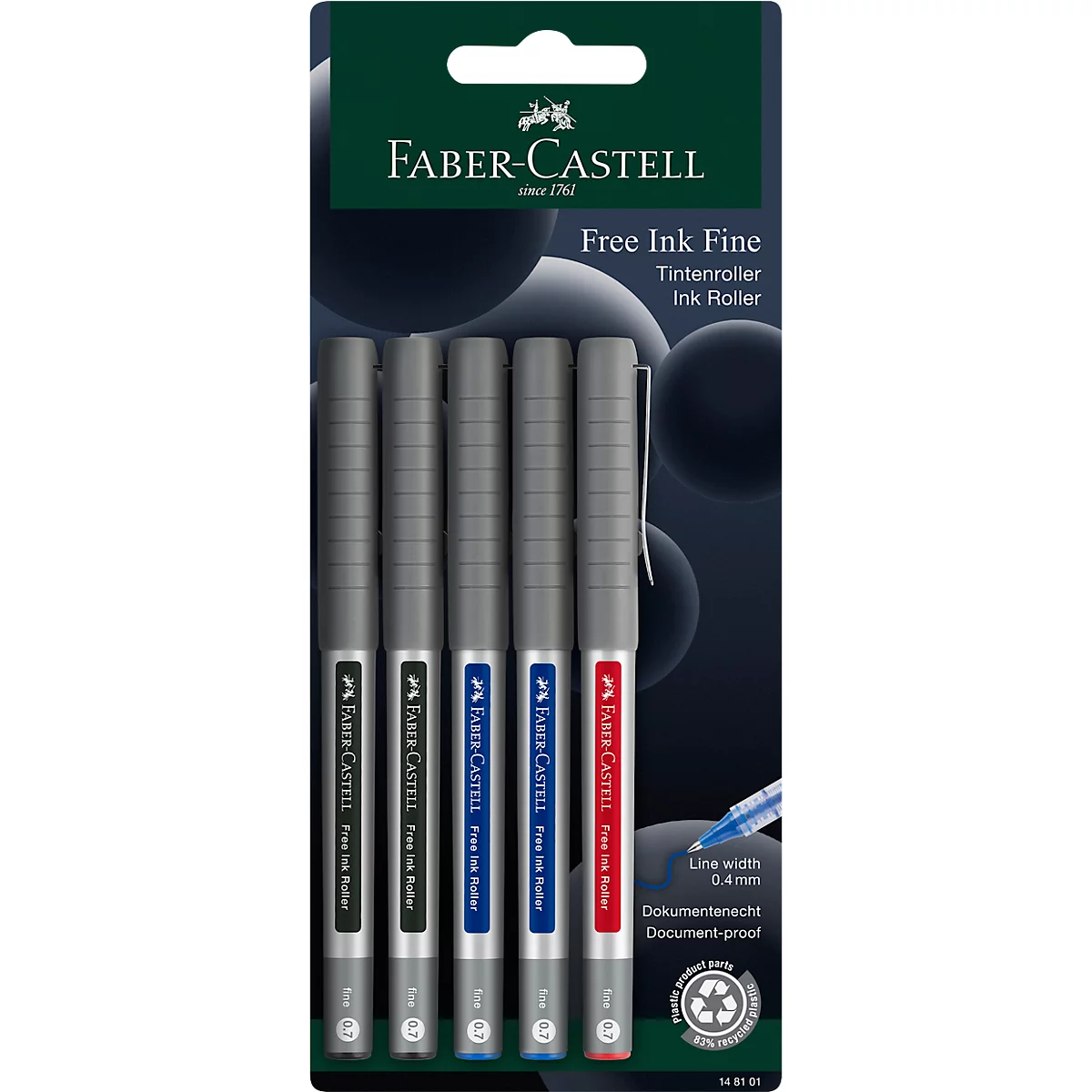 Fünf Faber-Castell Tintenroller in verschiedenen Farben auf einer Blisterkarte mit Produktinformationen.