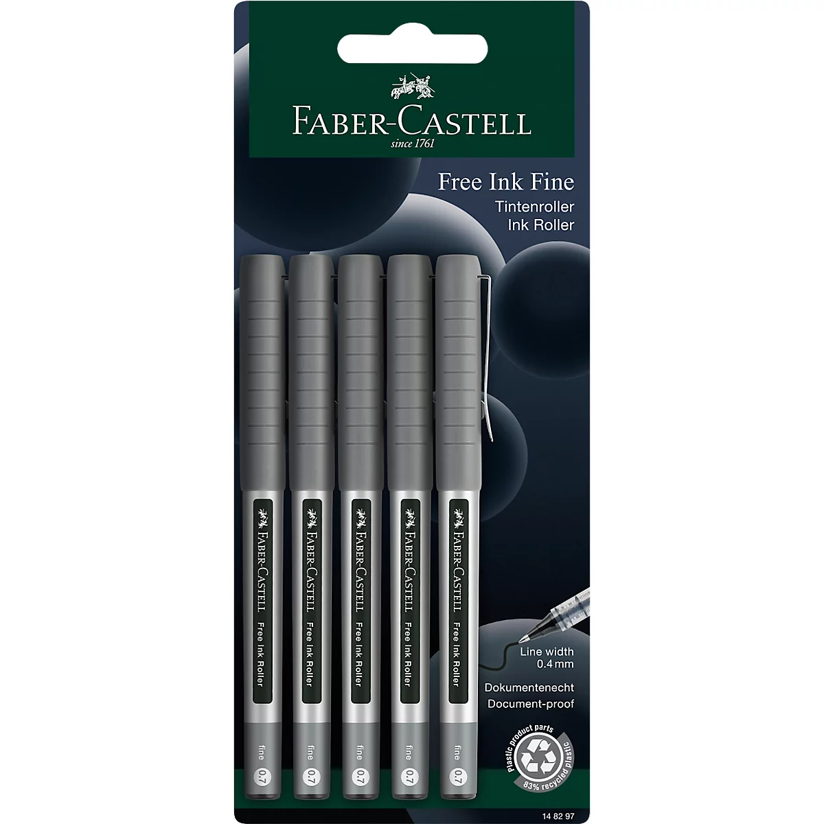 Fünf graue Faber-Castell Tintenroller auf einer dunklen Produktkarte mit Linienbreite 0,4 mm.