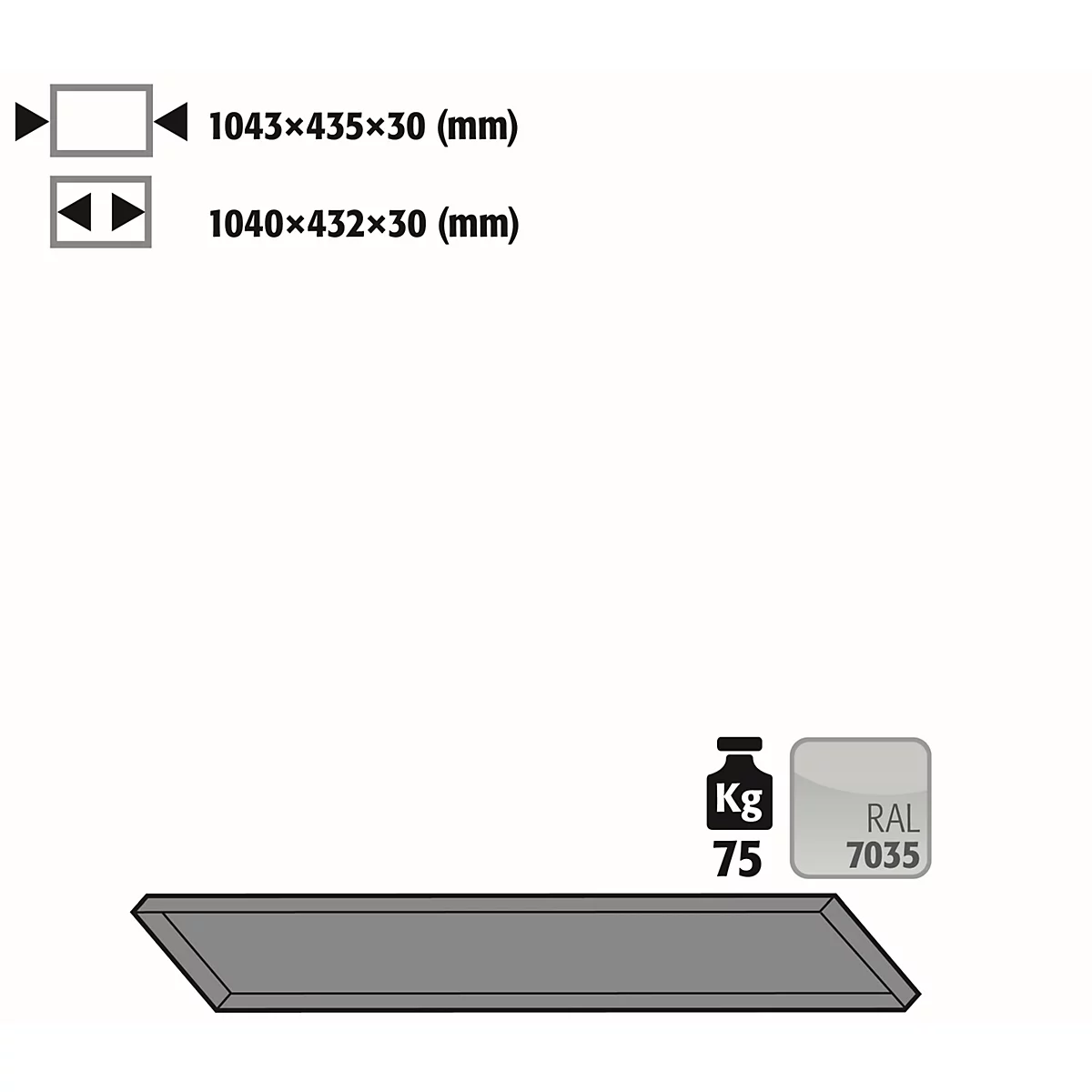 Graue Tischplatte mit Maßangaben und Gewichtsangabe 75 kg. Rechts Farbcode RAL 7035.