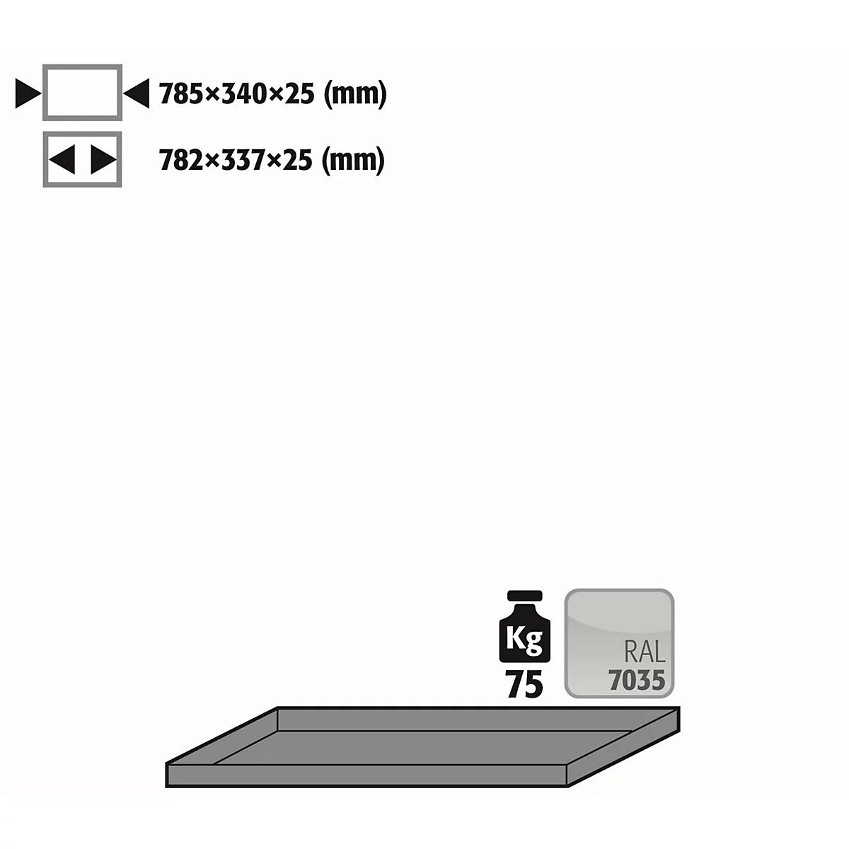 Fachboden Standard für asecos Druckgasflaschenschränke, Stahlblech, lichtgrau, B 785 x T 340 x H 25 mm, bis 75 kg