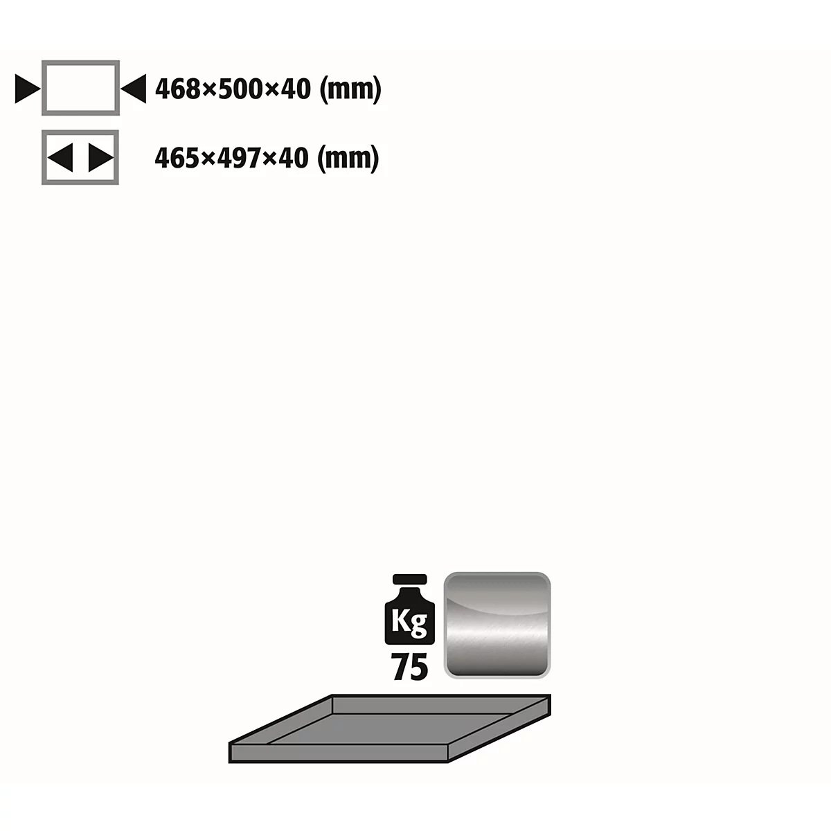 Fachboden Standard für asecos Sicherheitsschränke der S-30 und K-30 Serie, Edelstahl 1.4301, B 468 x T 500 x H 40 mm, bis 75 kg