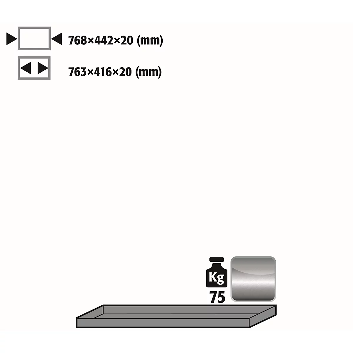 Fachboden Standard für asecos Sicherheitsschränke der UB90 Serie, Edelstahl 1.4301, B 768 x T 422 x H 20 mm, bis 30 kg