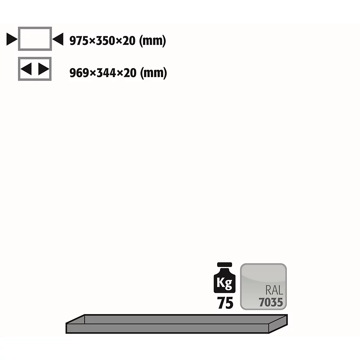 Fachboden Standard für asecos Sicherheitsschränke der UB90 Serie, Stahlblech, lichtgrau, B 975 x T 350 x H 20 mm, bis 30 kg