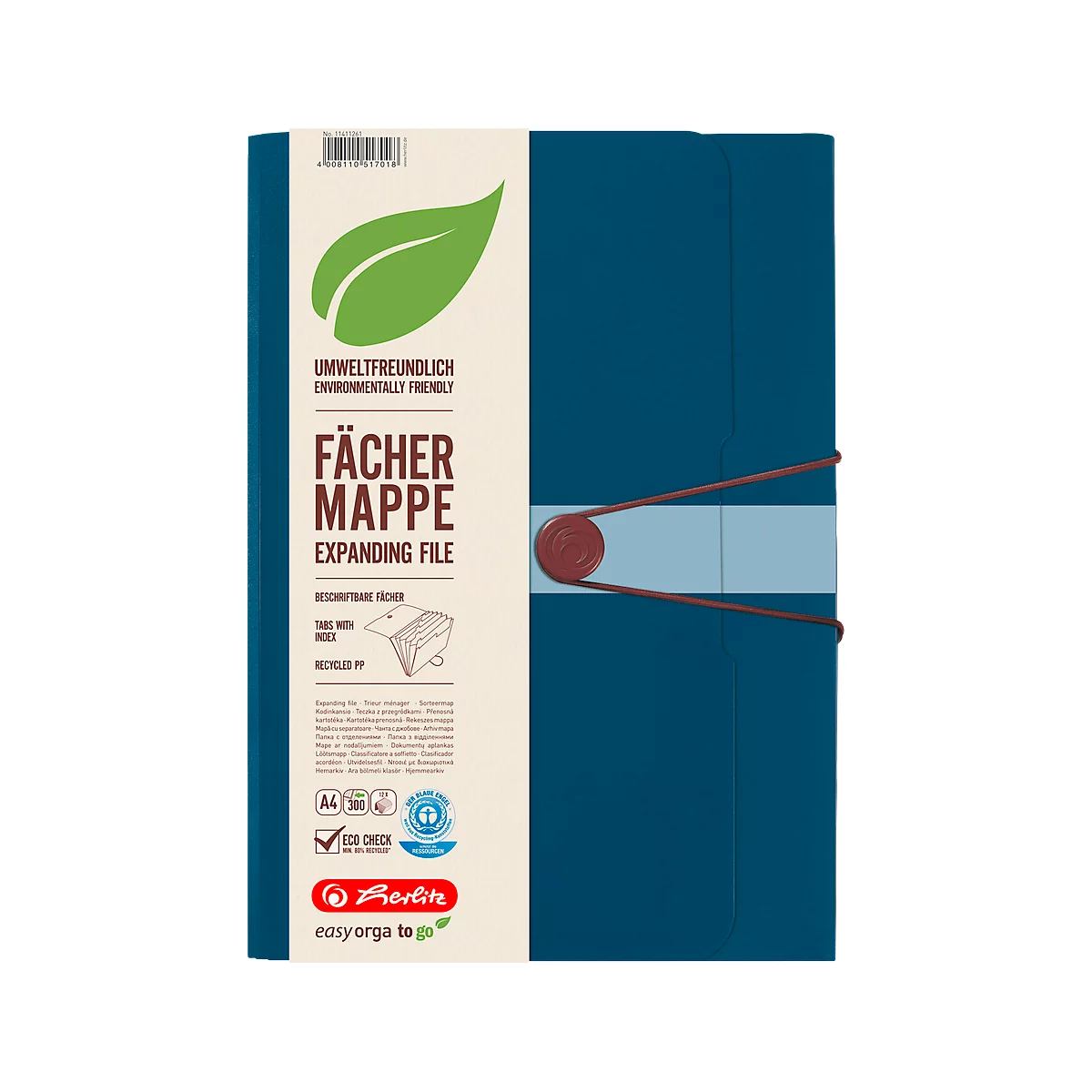 Fächermappe, A4, Recycling-PP-Folie, 12 Fächer + Visitenkarten-Tasche, dunkelblau