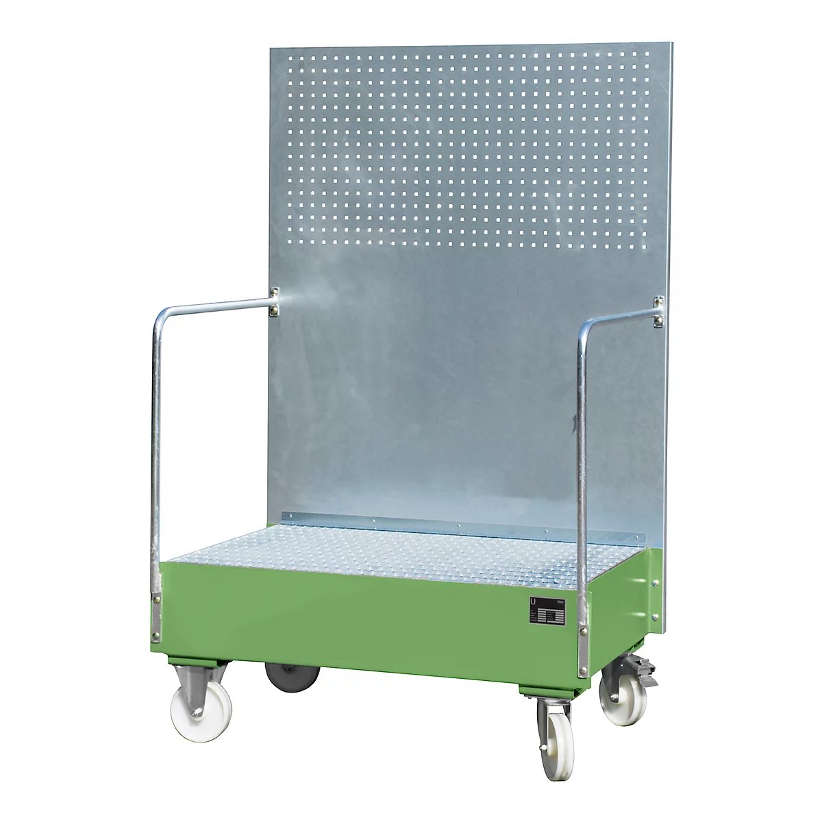 Fahrbare Auffangwanne, aus Stahl, 215 l Auffangvolumen für 2 x 200-Liter Fässer, grün lackiert