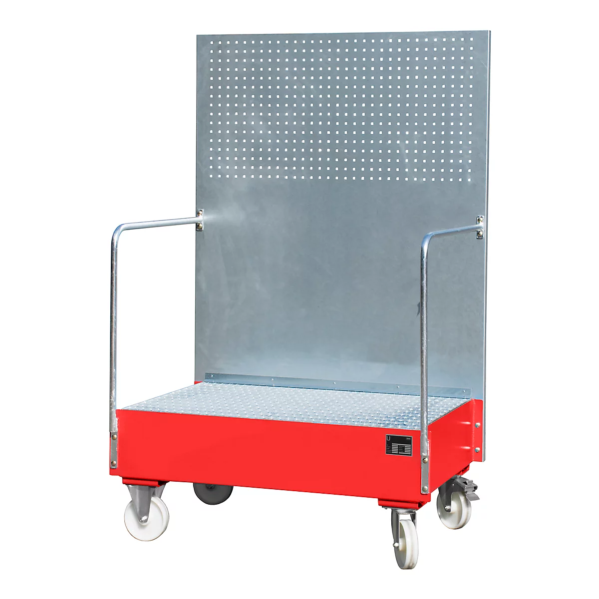 Fahrbare Auffangwanne, aus Stahl, 215 l Auffangvolumen für 2 x 200-Liter Fässer, rot lackiert