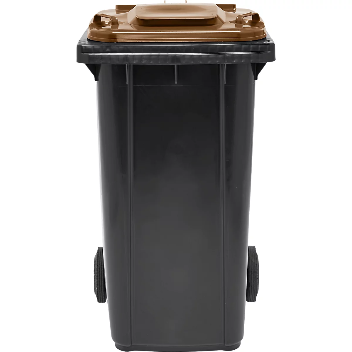 Schwarze Mülltonne mit braunem Deckel, zwei Rädern und Griff.
